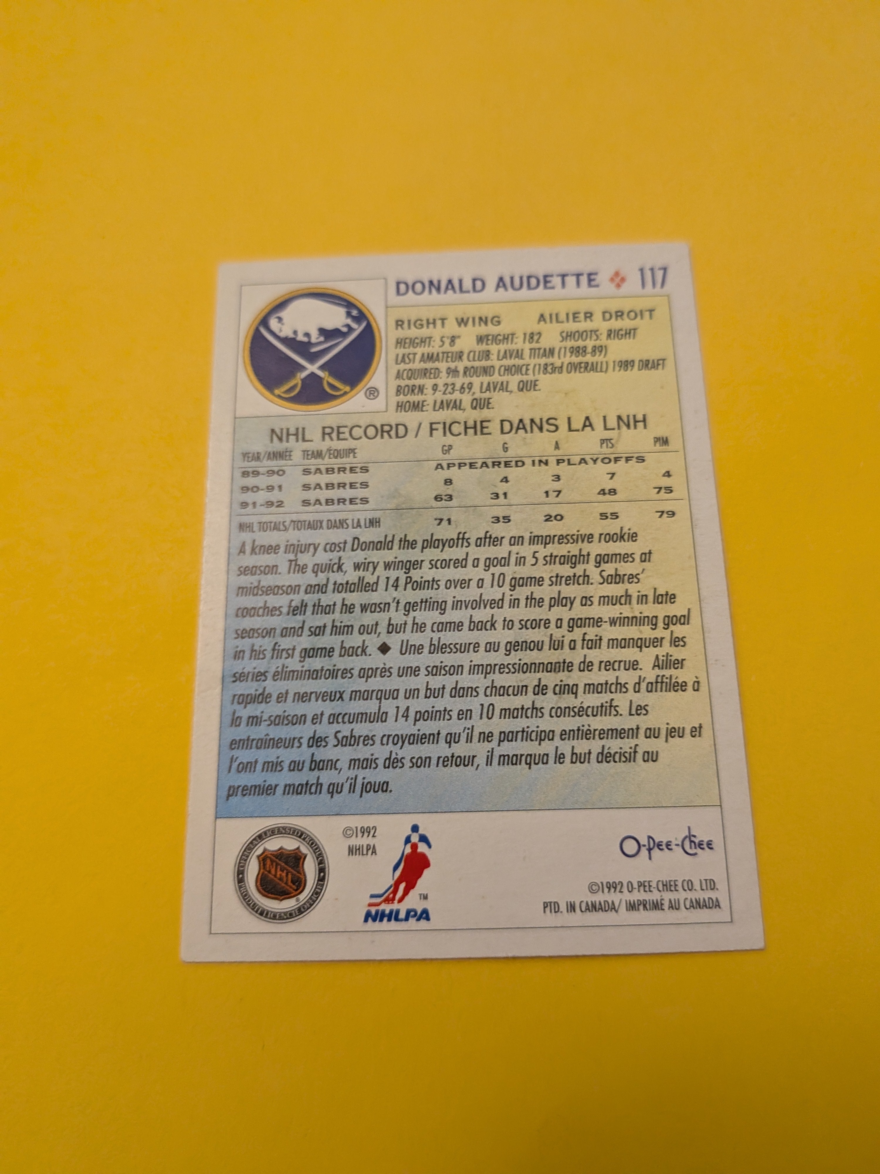 Donald Audette Signed Buffalo Sabres Card L