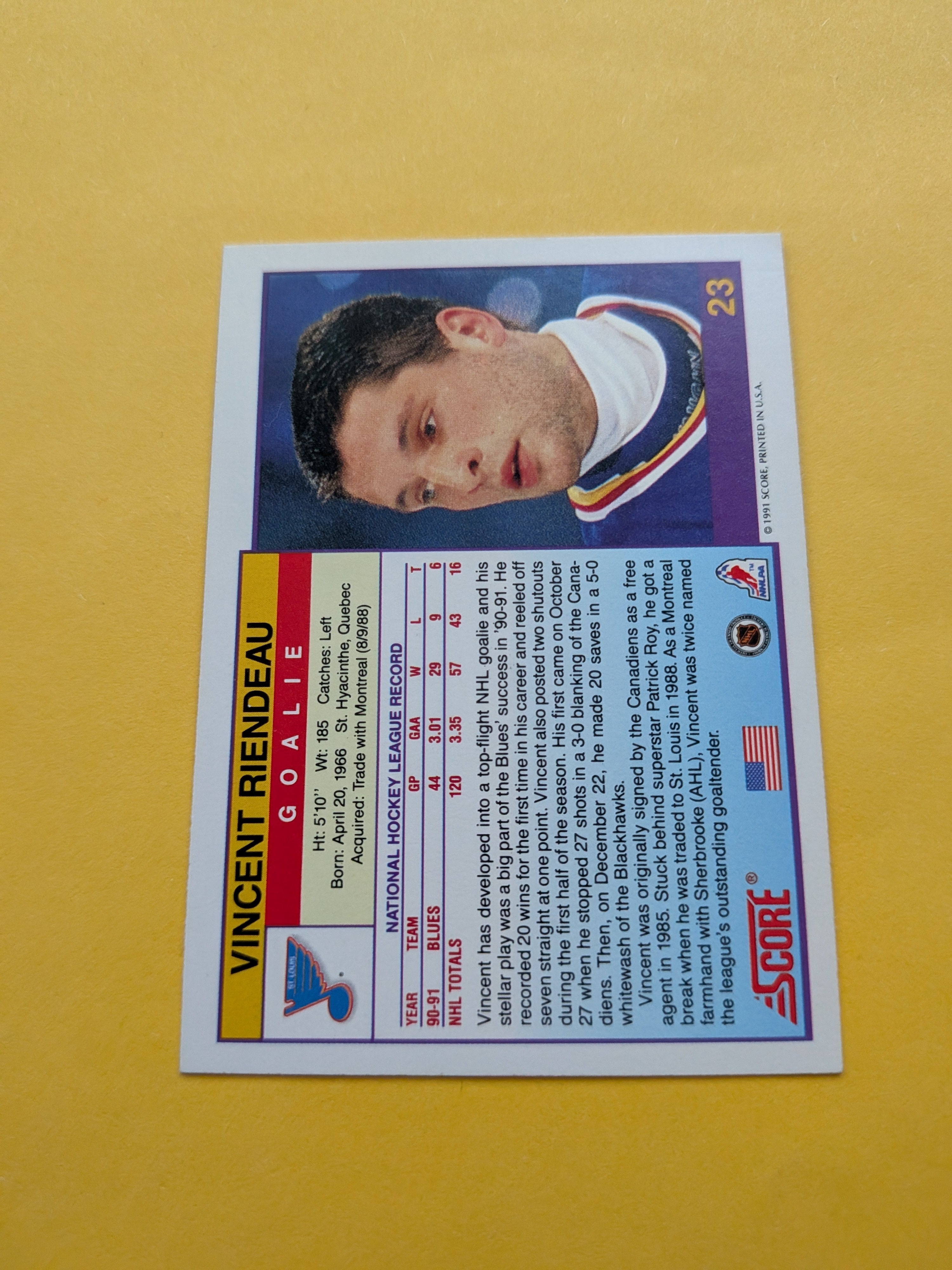 Vincent Riendeau Signed St. Louis Blues Card E