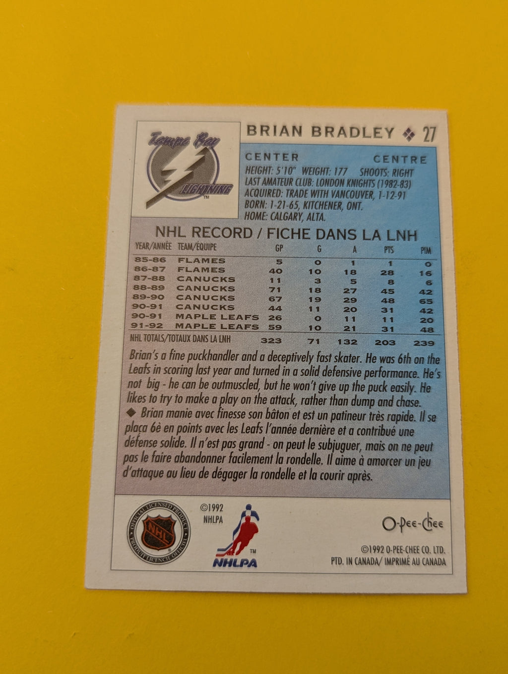 Brian Bradley Signed Toronto Maple Leafs Card