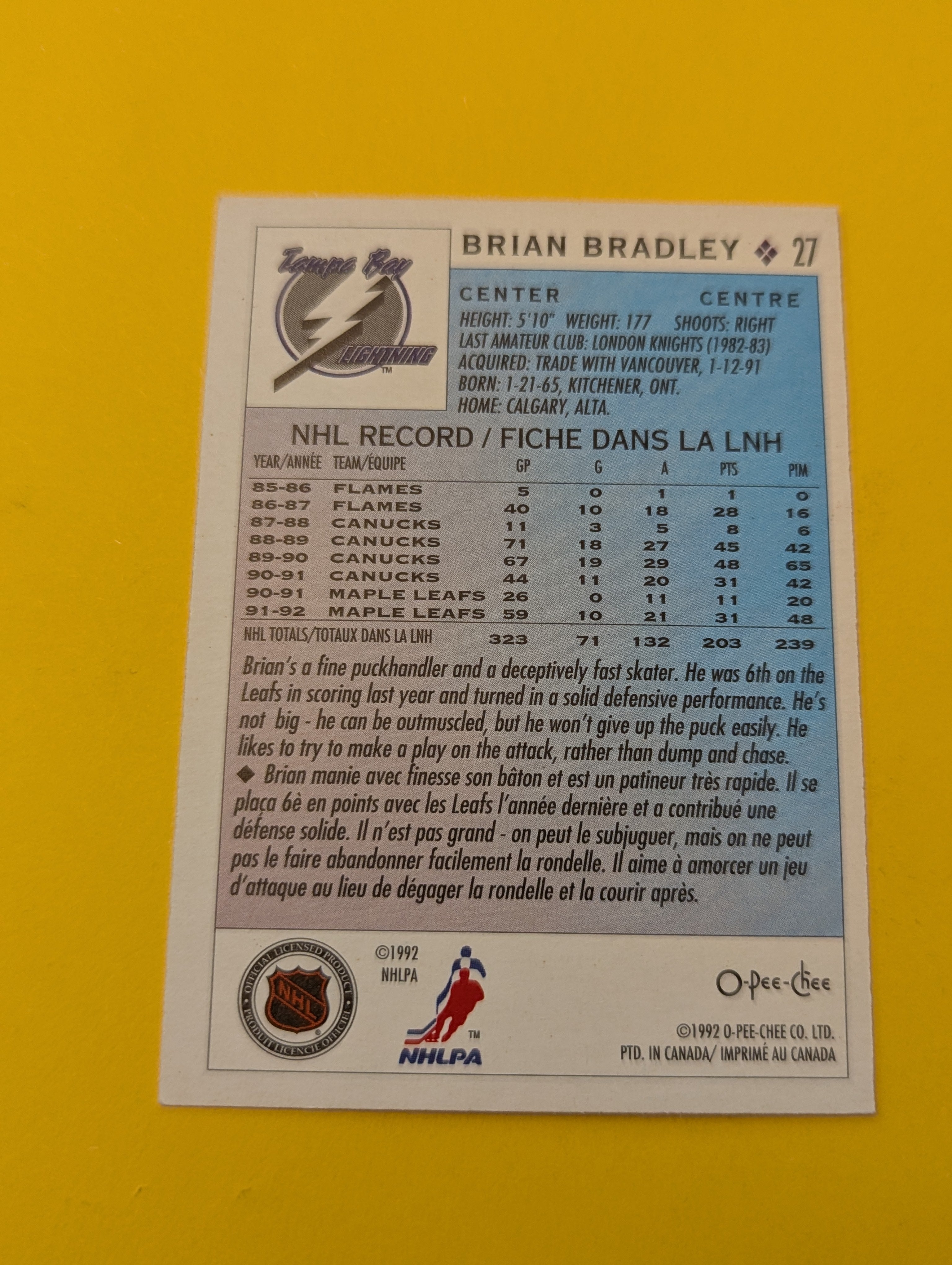 Brian Bradley Signed Toronto Maple Leafs Card