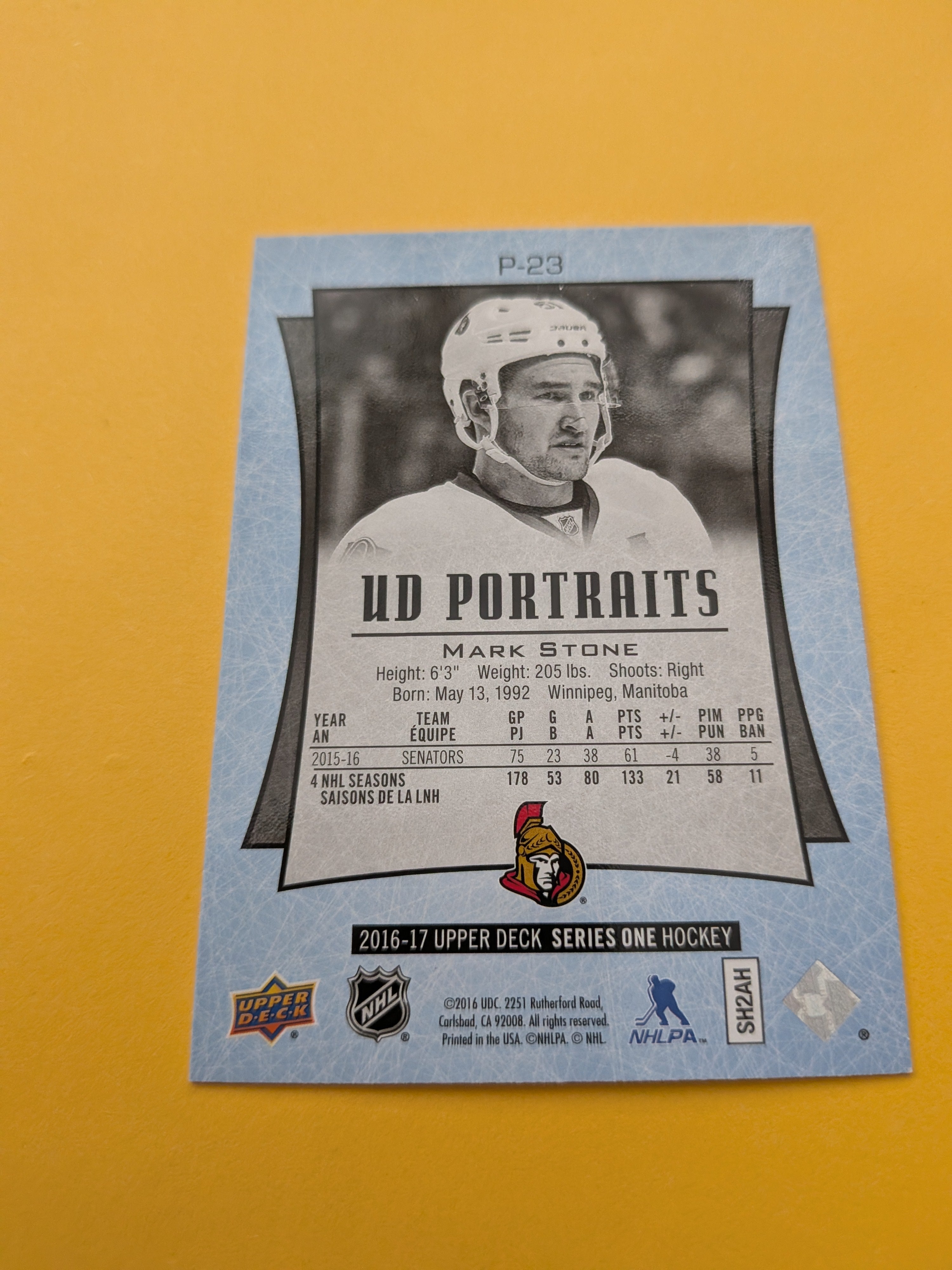 Mark Stone 16-17 Upper Deck UD Portraits Card
