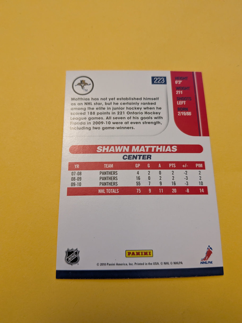 Shawn Matthias Signed Florida Panthers Card B