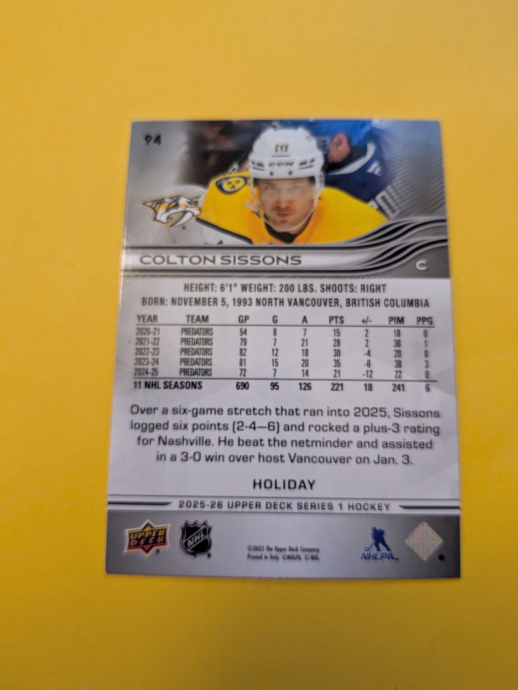 Colton Sissons 25-26 Upper Deck Green Holiday Card