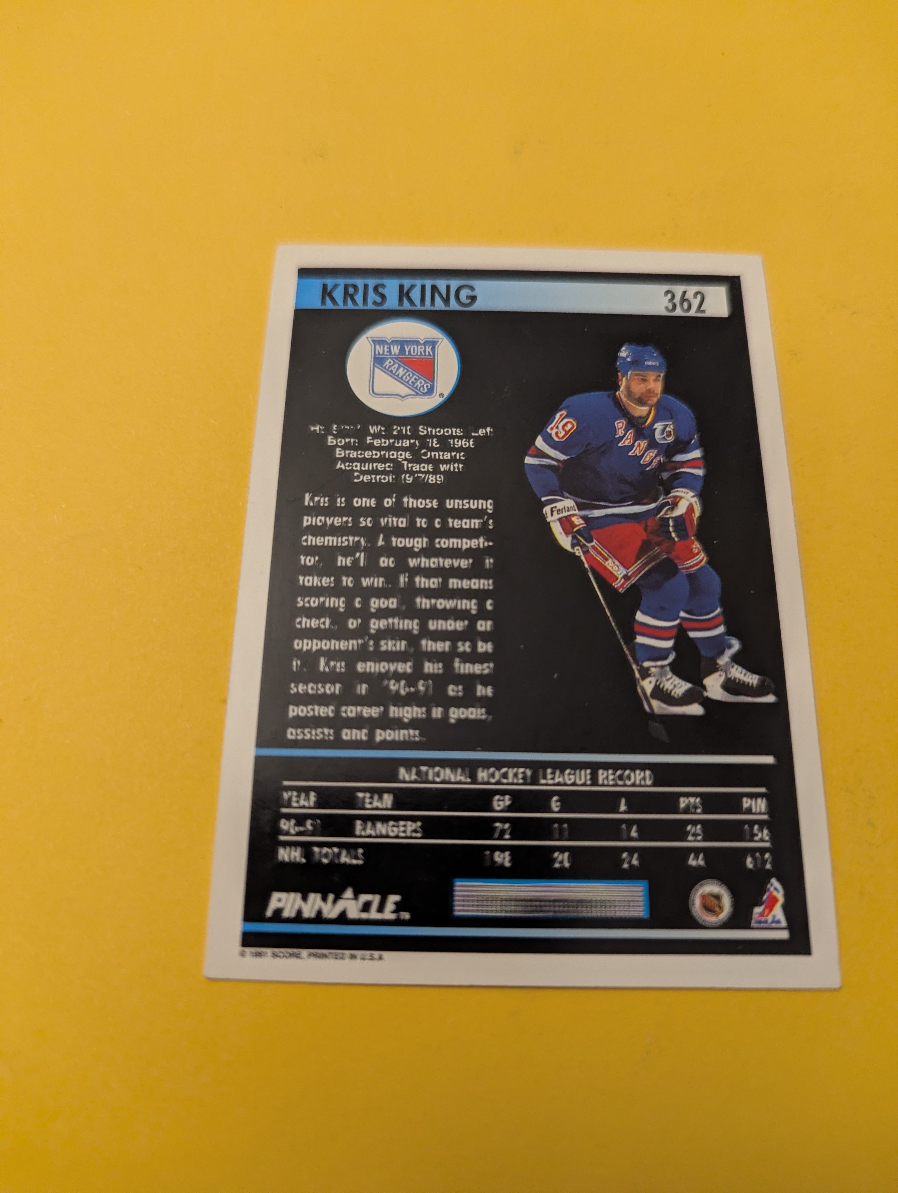Kris King Signed New York Rangers Card