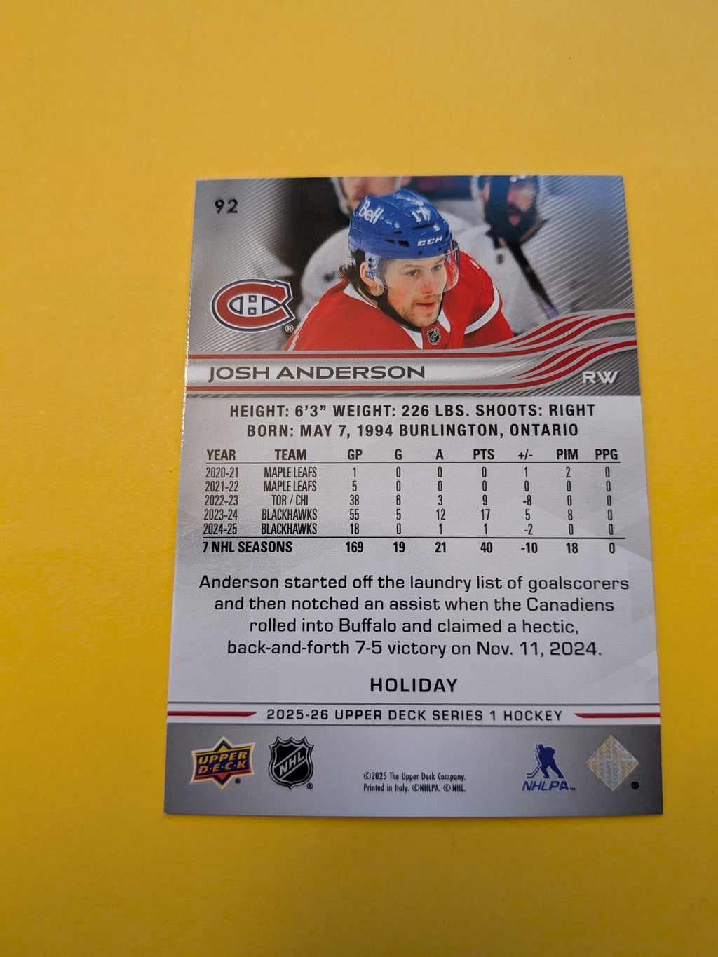 Josh Anderson 25-26 Upper Deck Green Holiday Card