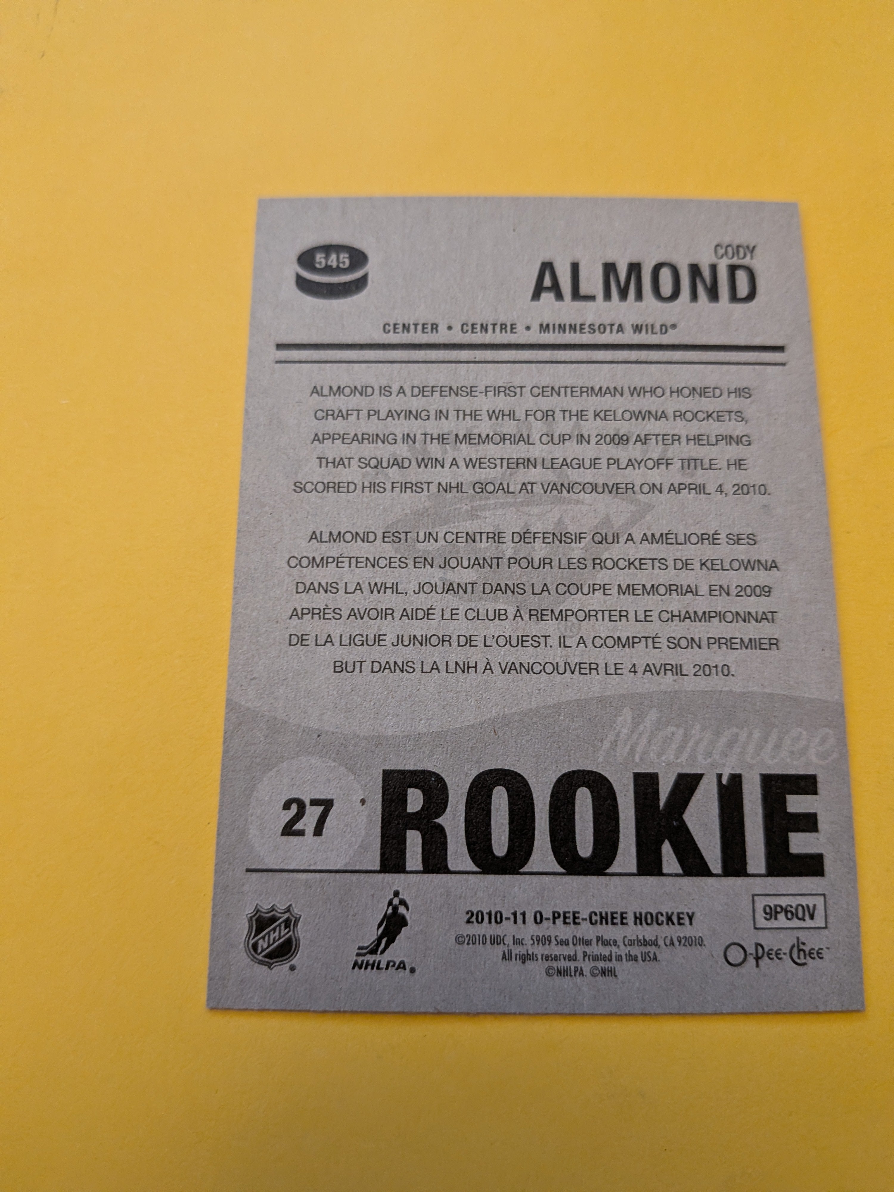 Cody Almond Signed Minnesota Wild Rookie Card B