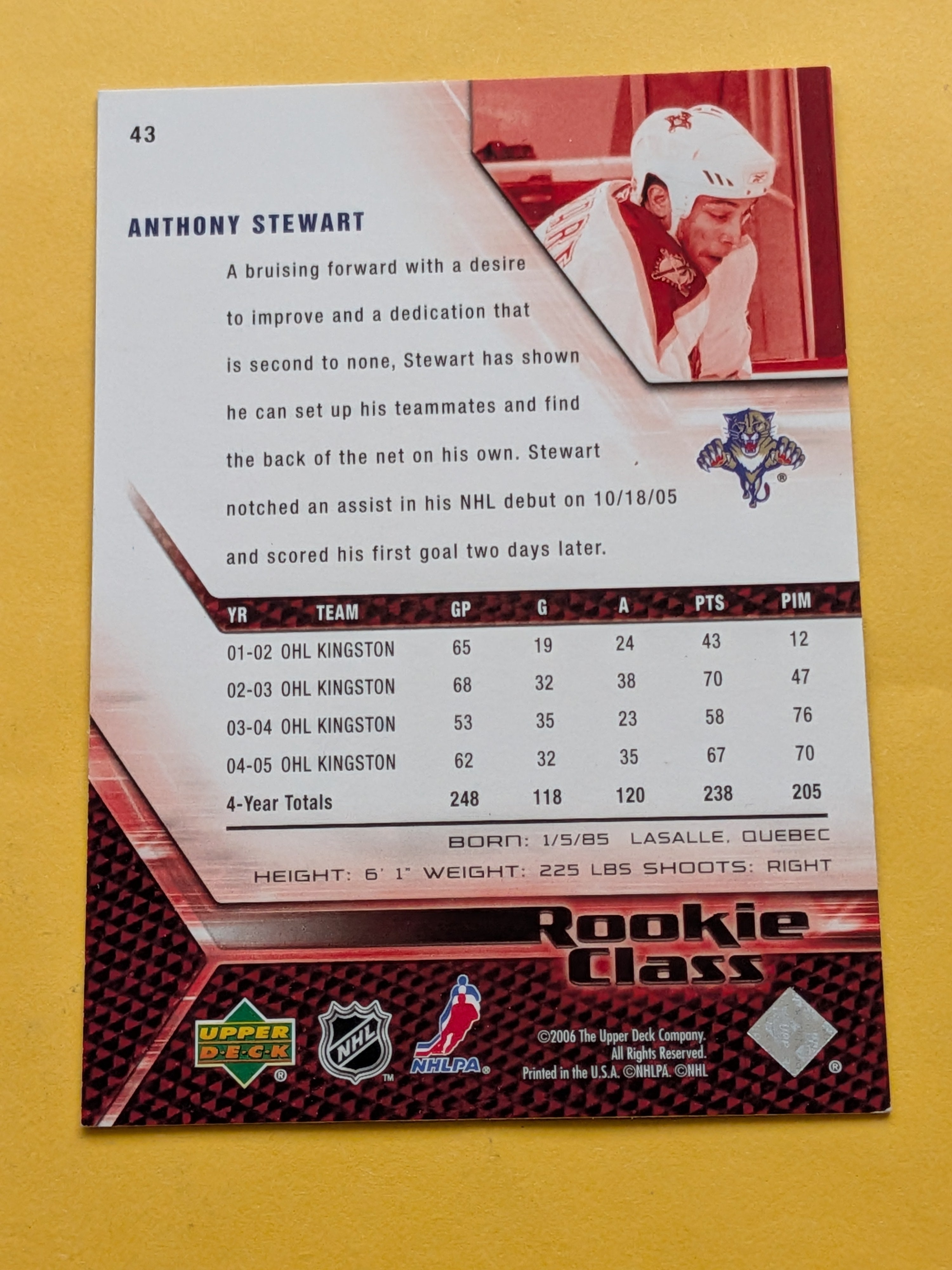 Anthony Stewart Signed Florida Panthers Card A