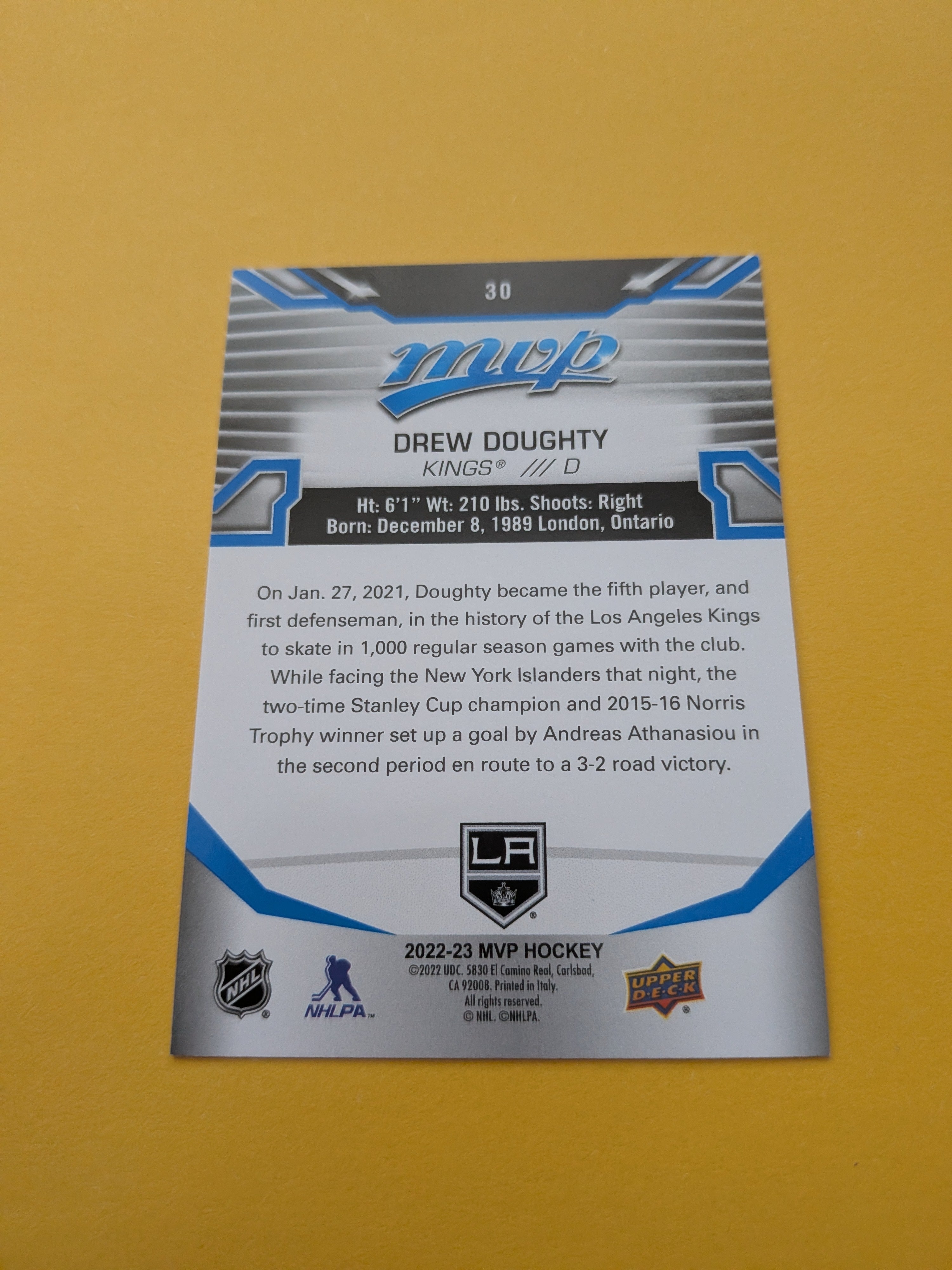 Drew Doughty 22-23 UD MVP Blue Script Factory Set Parallel Card