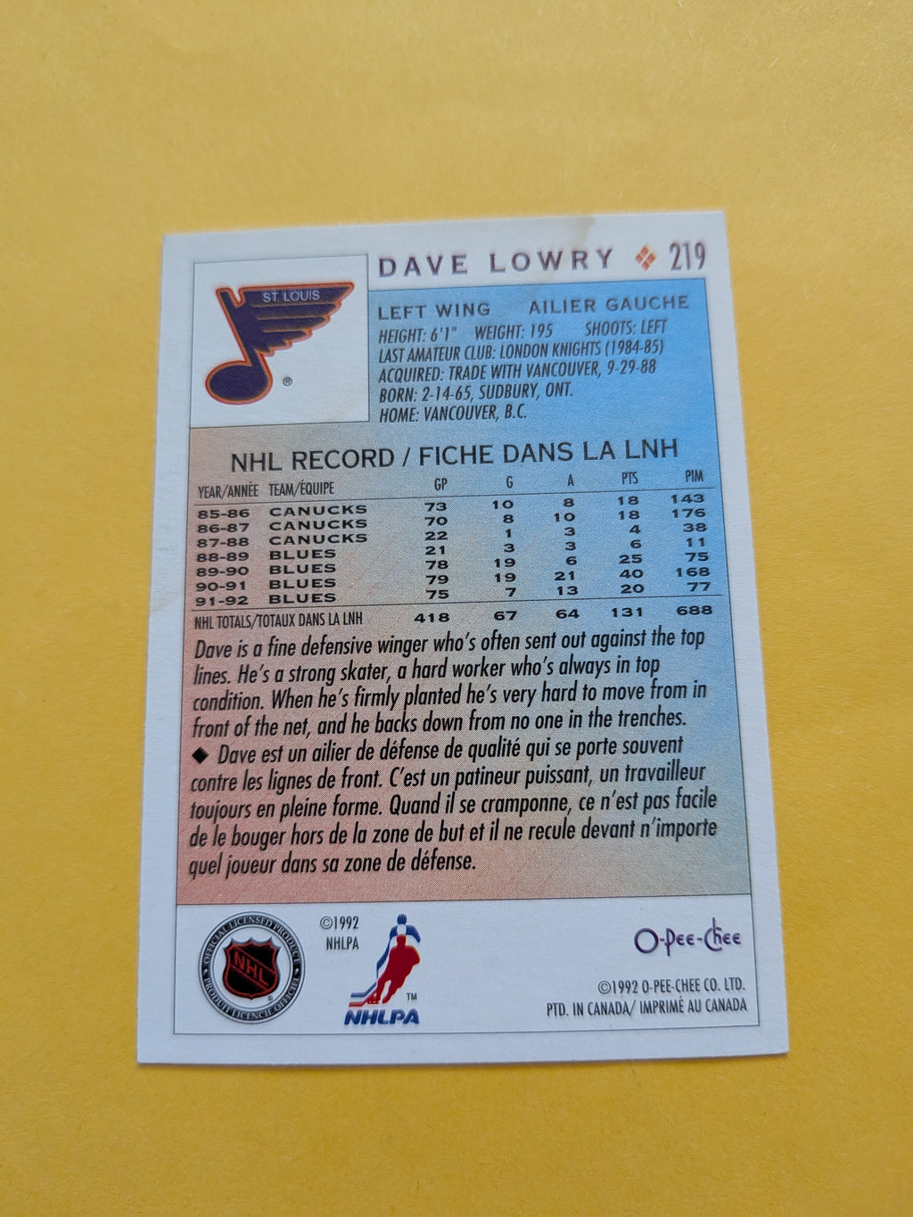 Dave Lowry Signed St. Louis Blues Card H