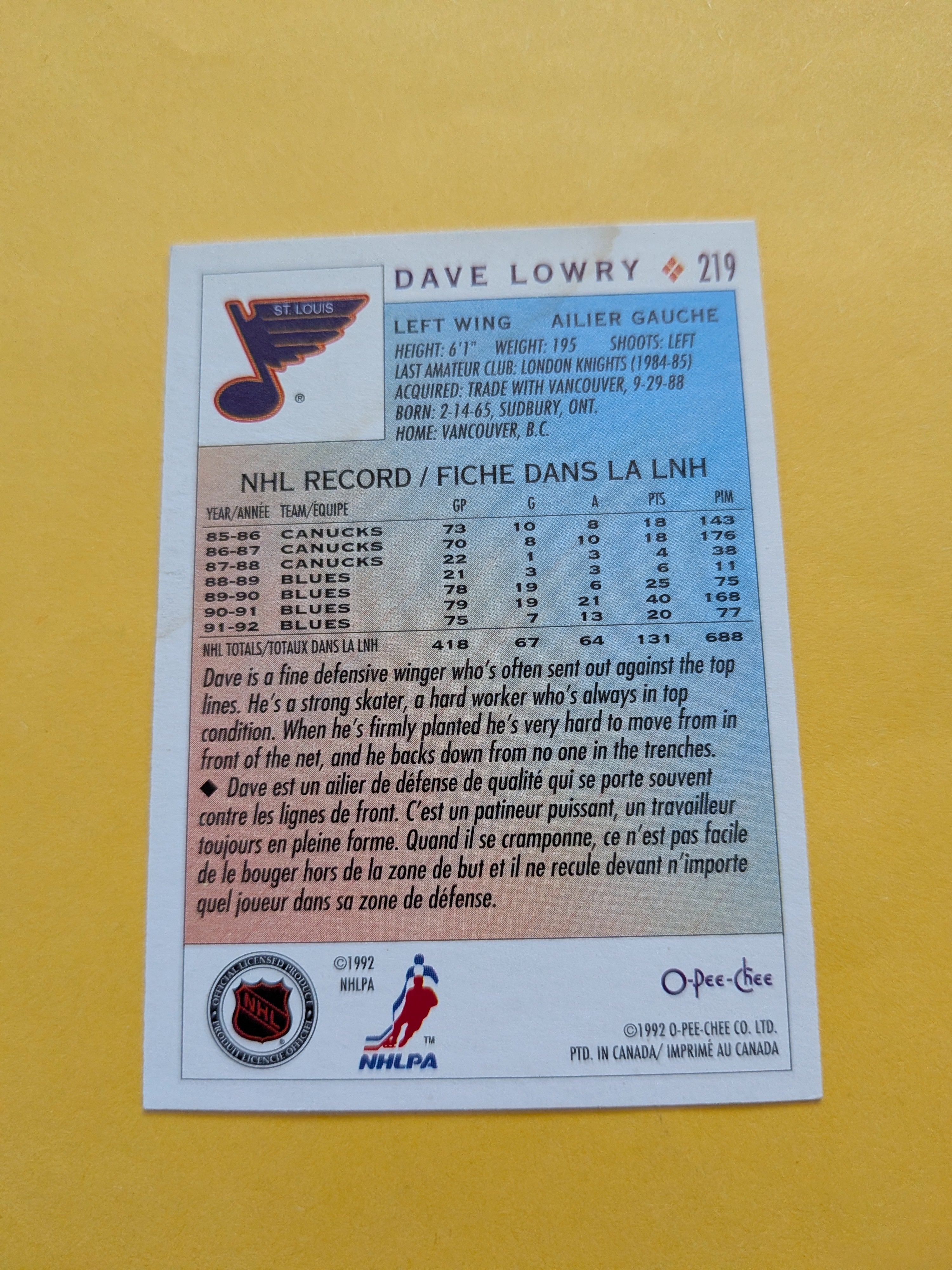 Dave Lowry Signed St. Louis Blues Card H