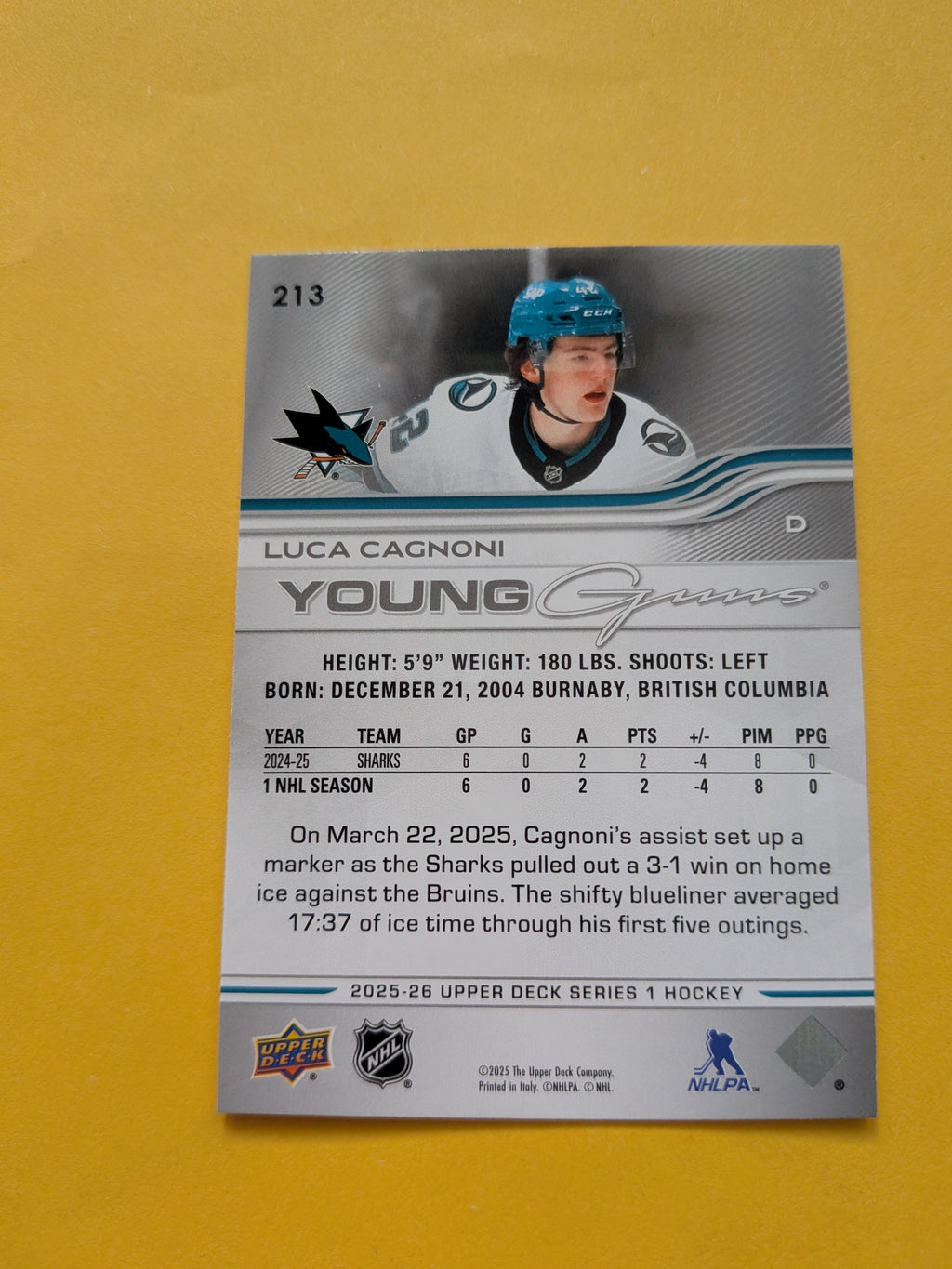 Luca Cagnoni Signed San Jose Sharks Young Guns Rookie Card