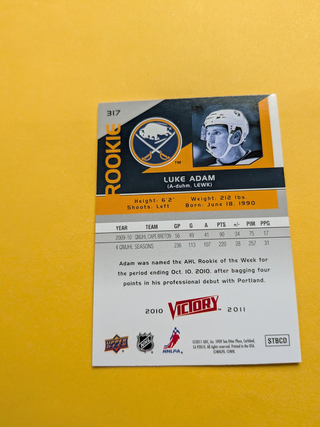 Luke Adam Signed Buffalo Sabres Rookie Card A