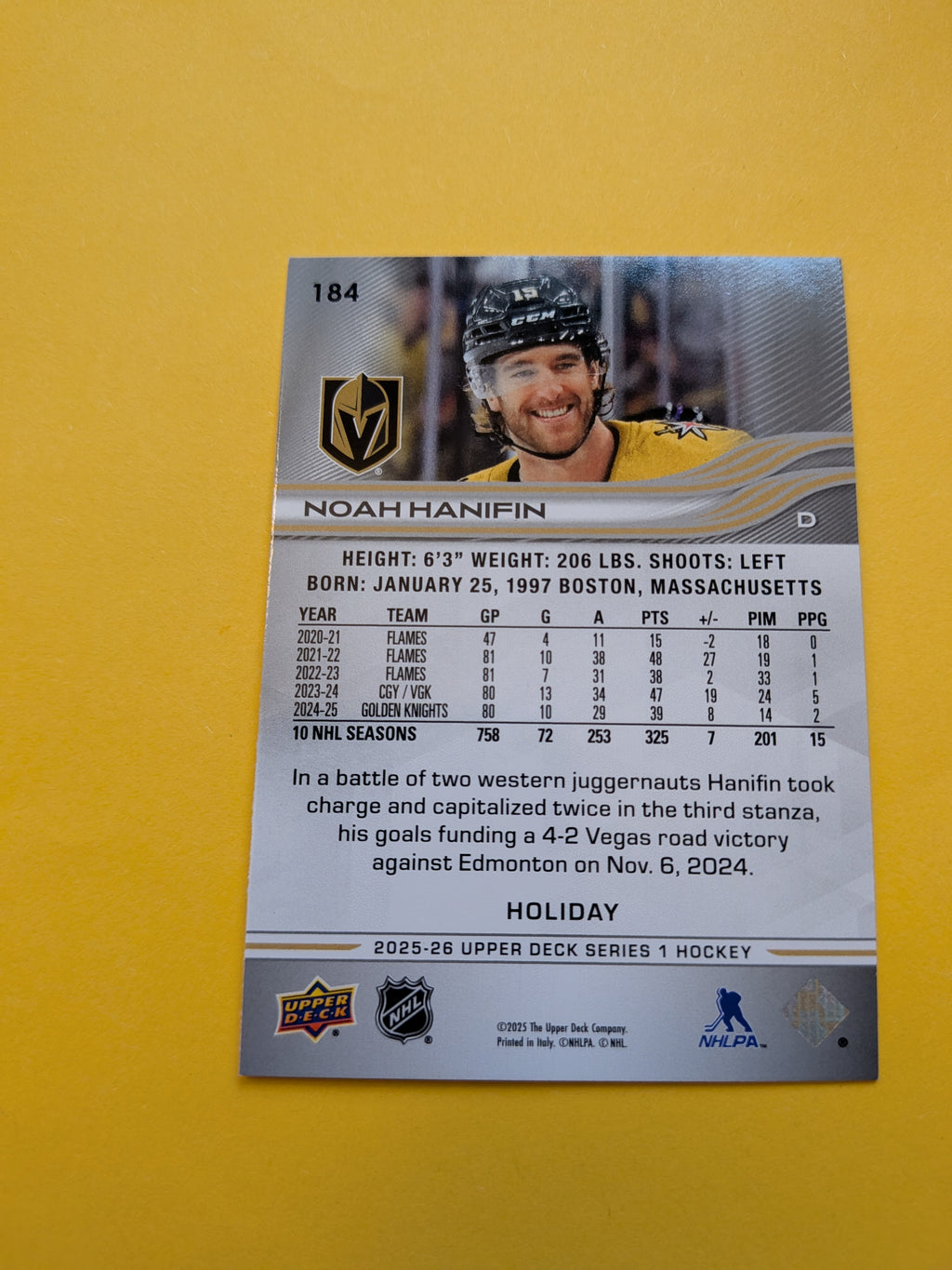 Noah Hanifin 25-26 Upper Deck Green Holiday Card