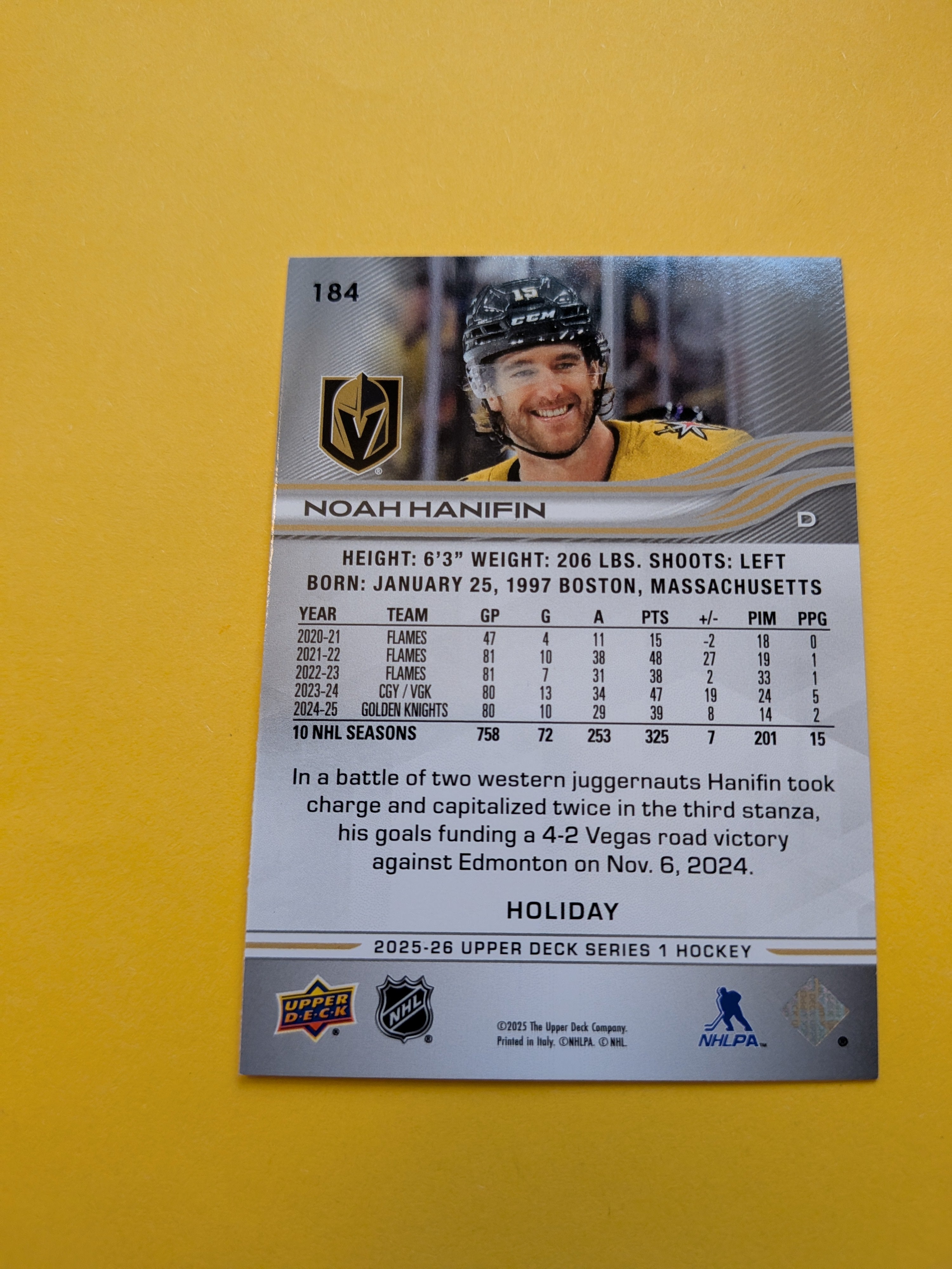Noah Hanifin 25-26 Upper Deck Green Holiday Card