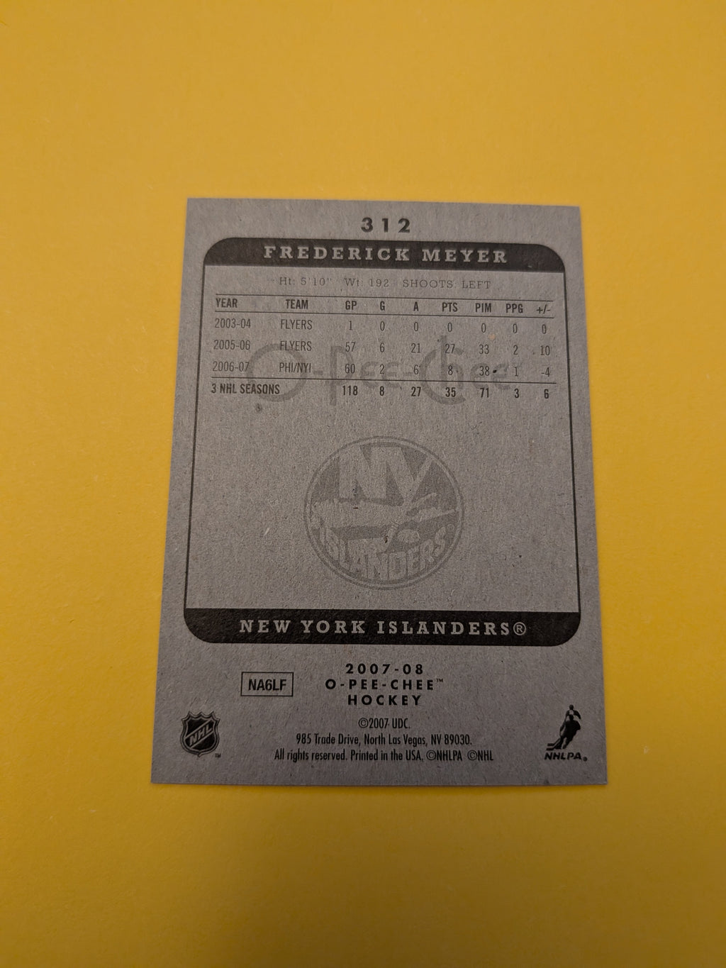 Frederick Meyer Signed New York Islanders Card A