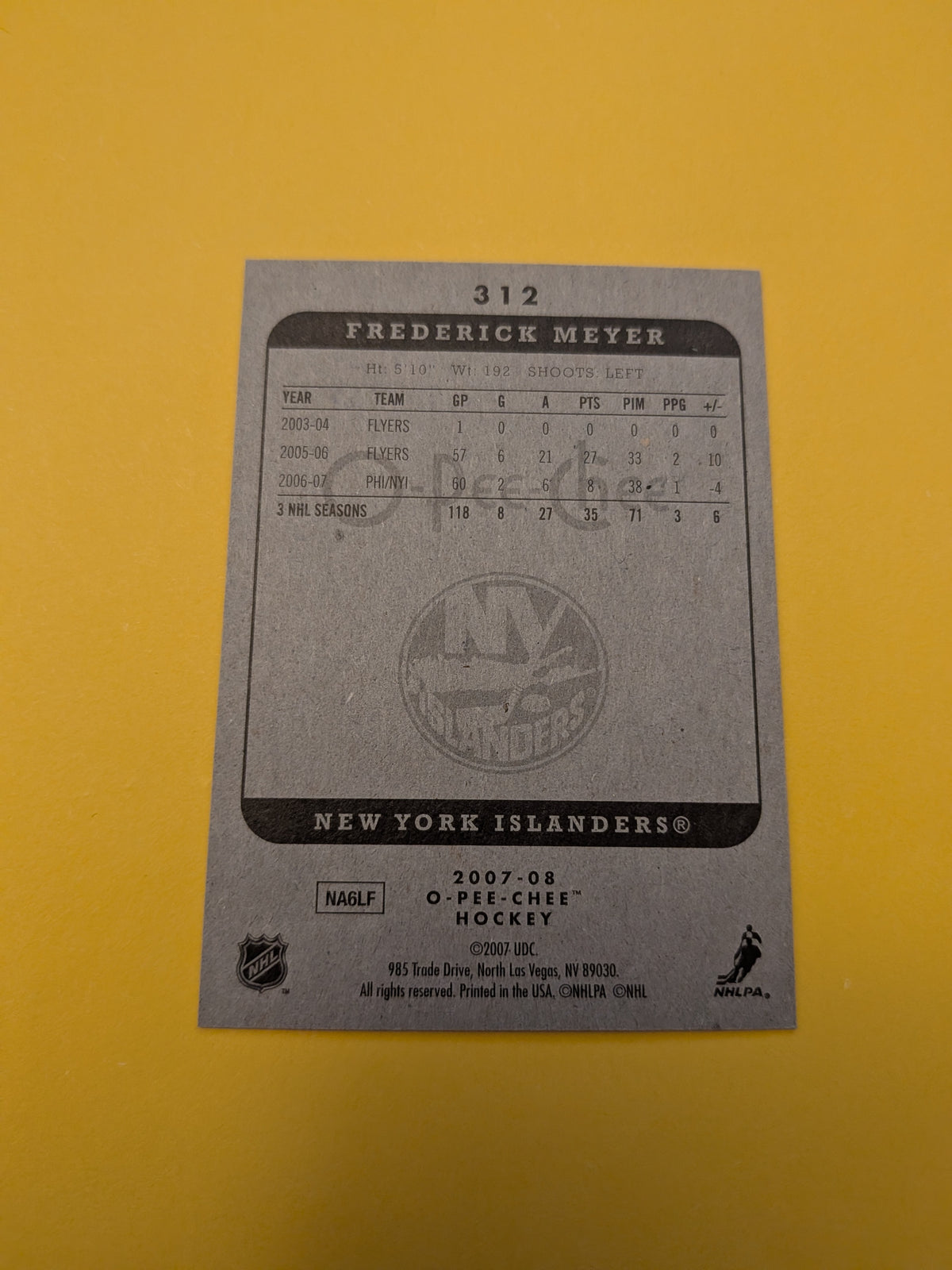 Frederick Meyer Signed New York Islanders Card A