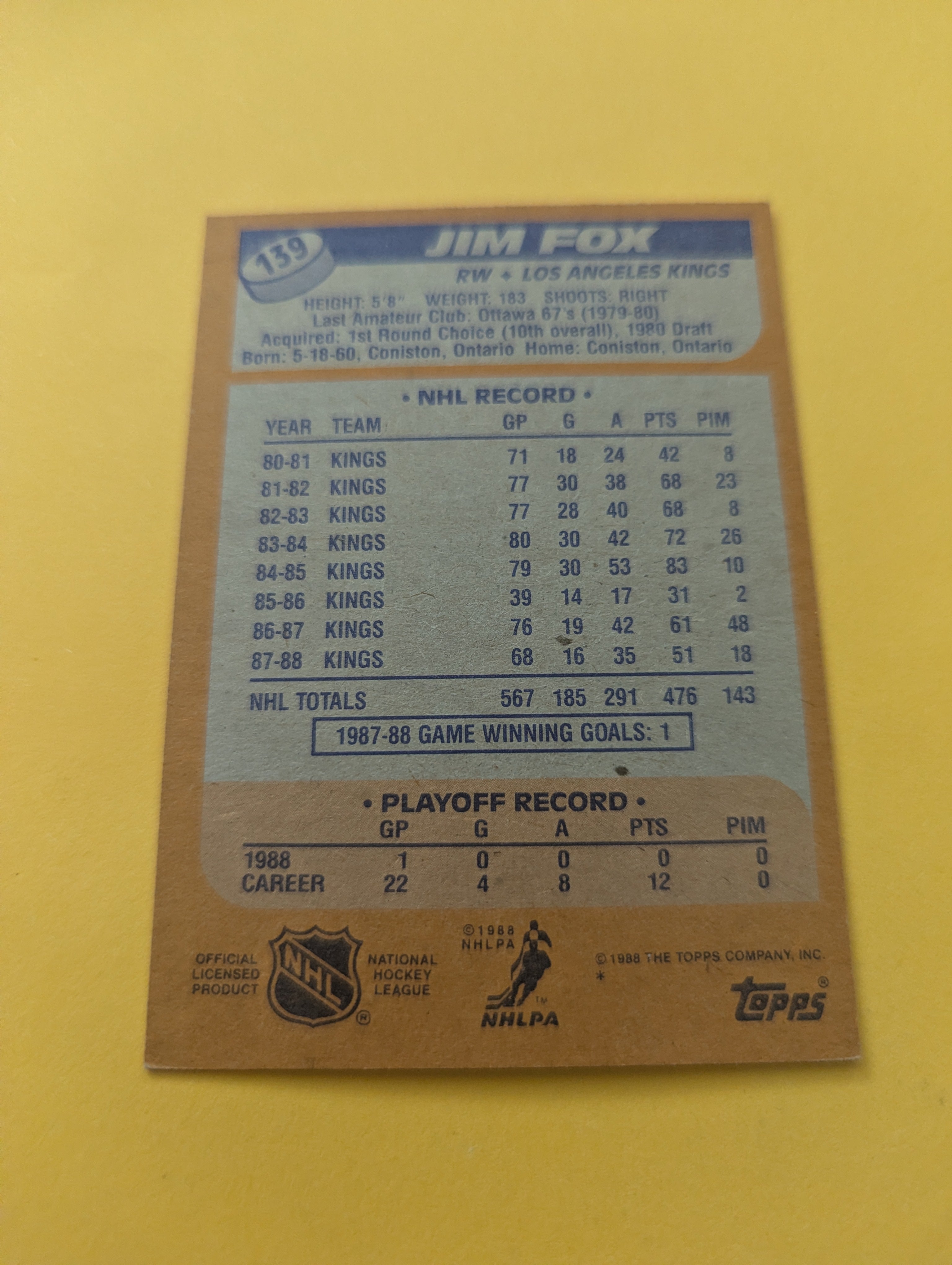 Jim Fox Signed Los Angeles Kings Card