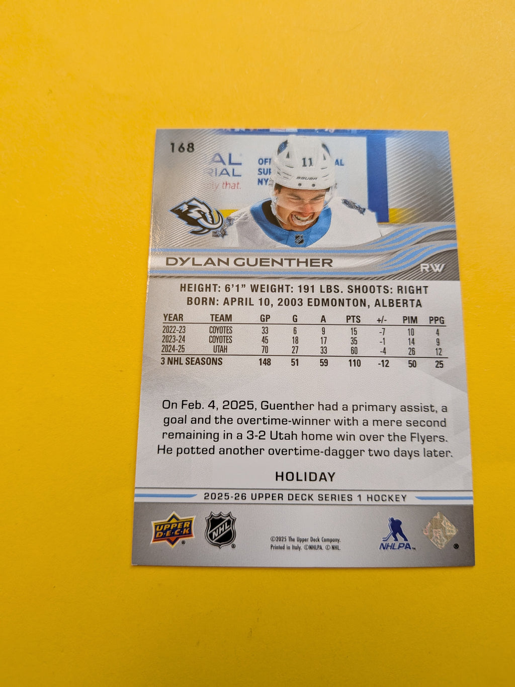 Dylan Guenther 25-26 Upper Deck Green Holiday Card