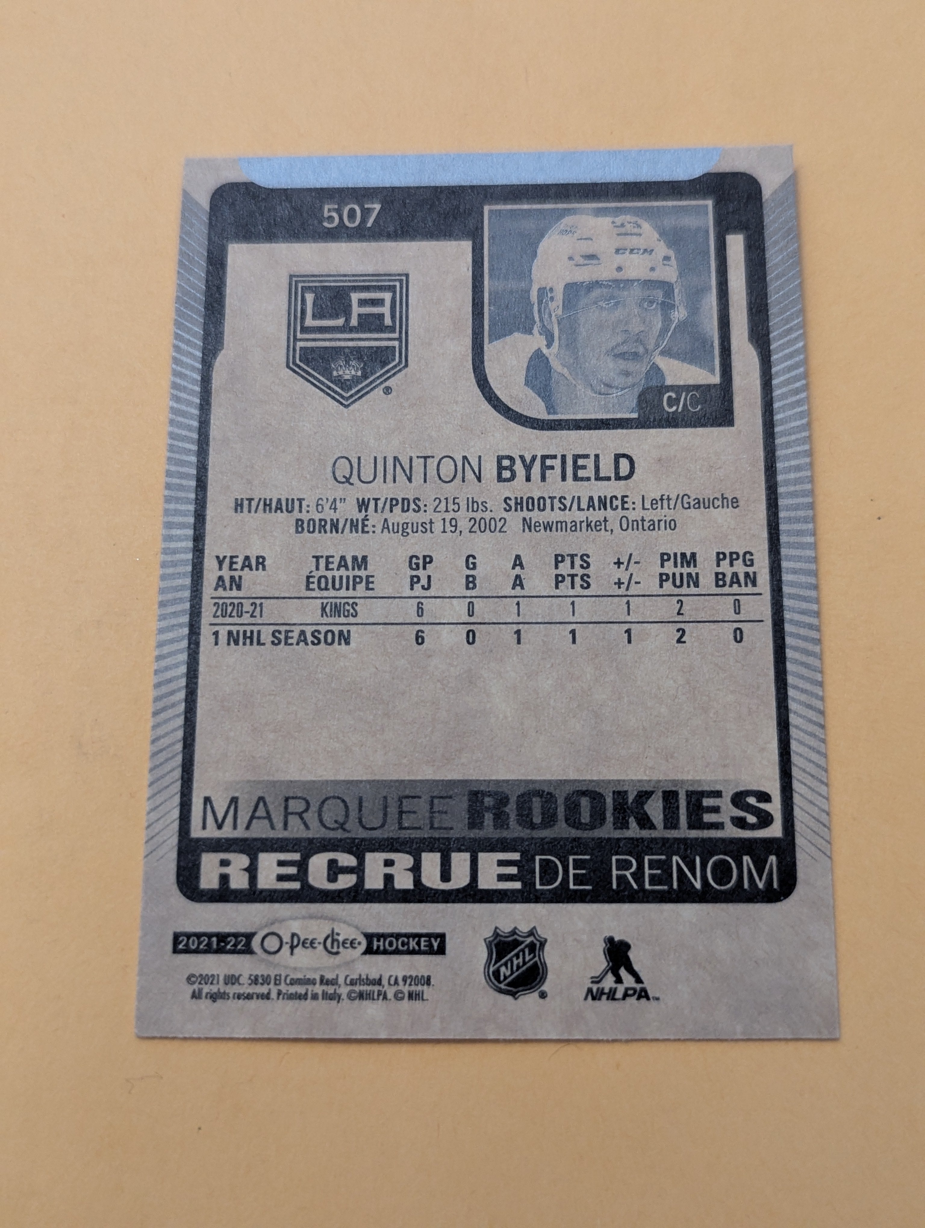 Quinton Byfield 21-22 OPC Rookie Card