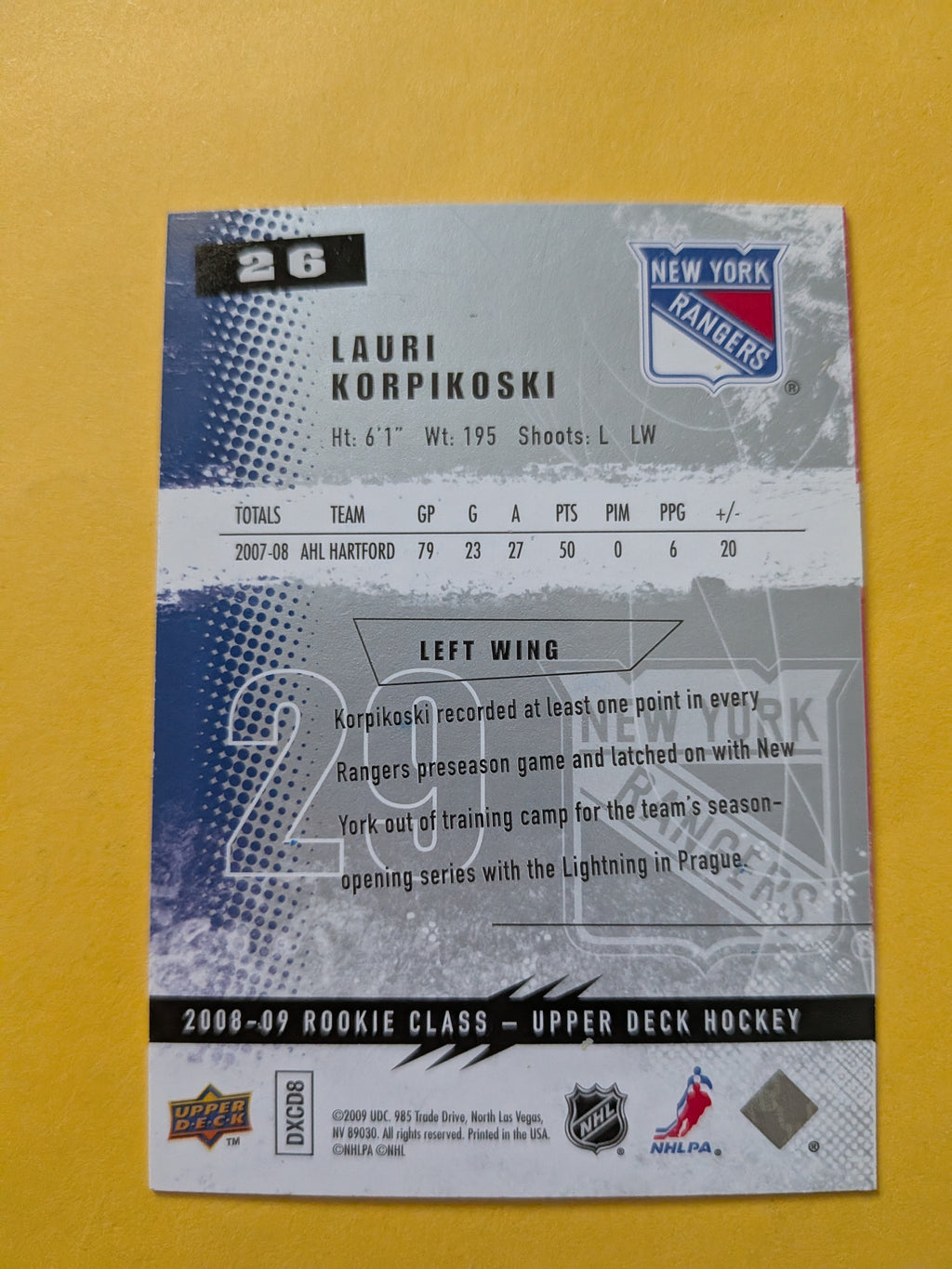 Lauri Korpikoski Signed New York Rangers Rookie Card B