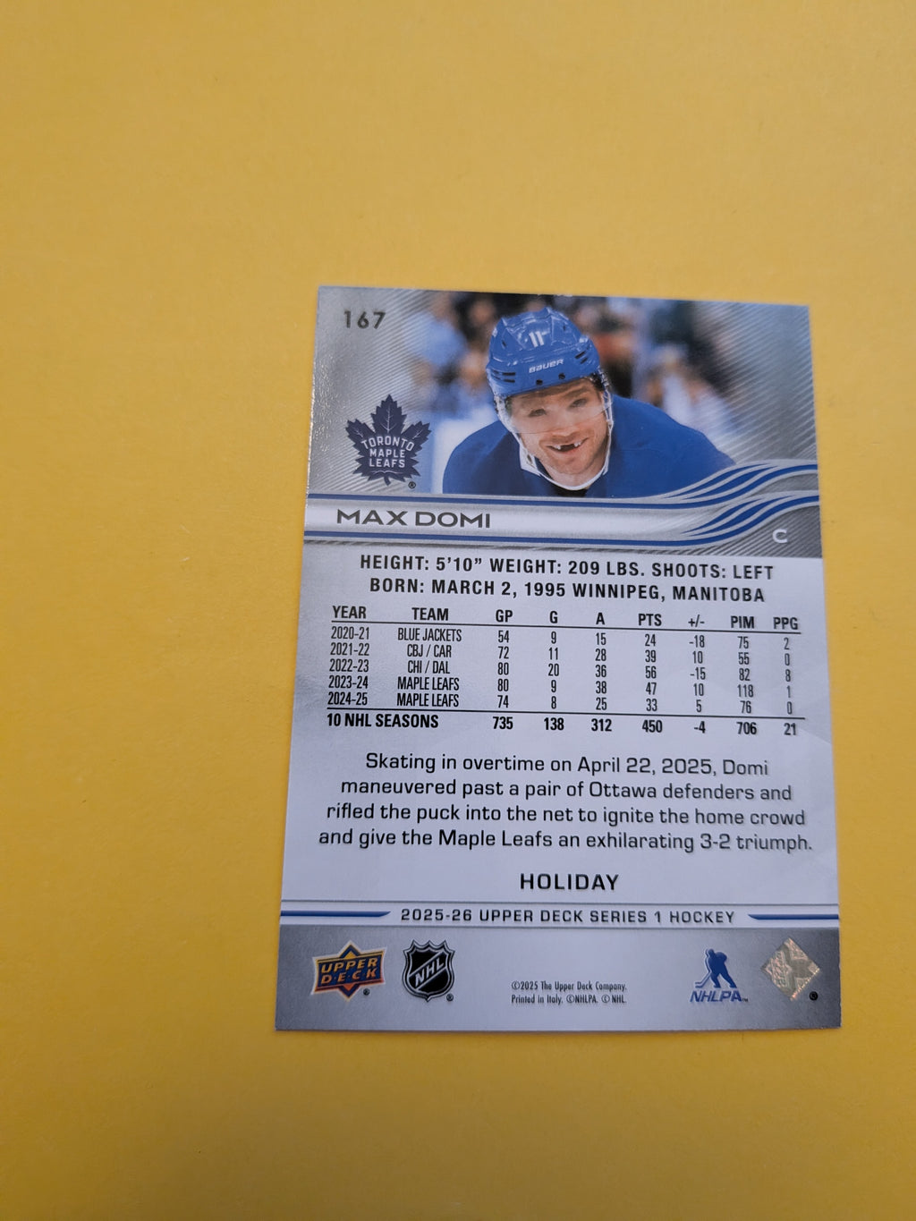 Max Domi 25-26 Upper Deck Green Holiday Card