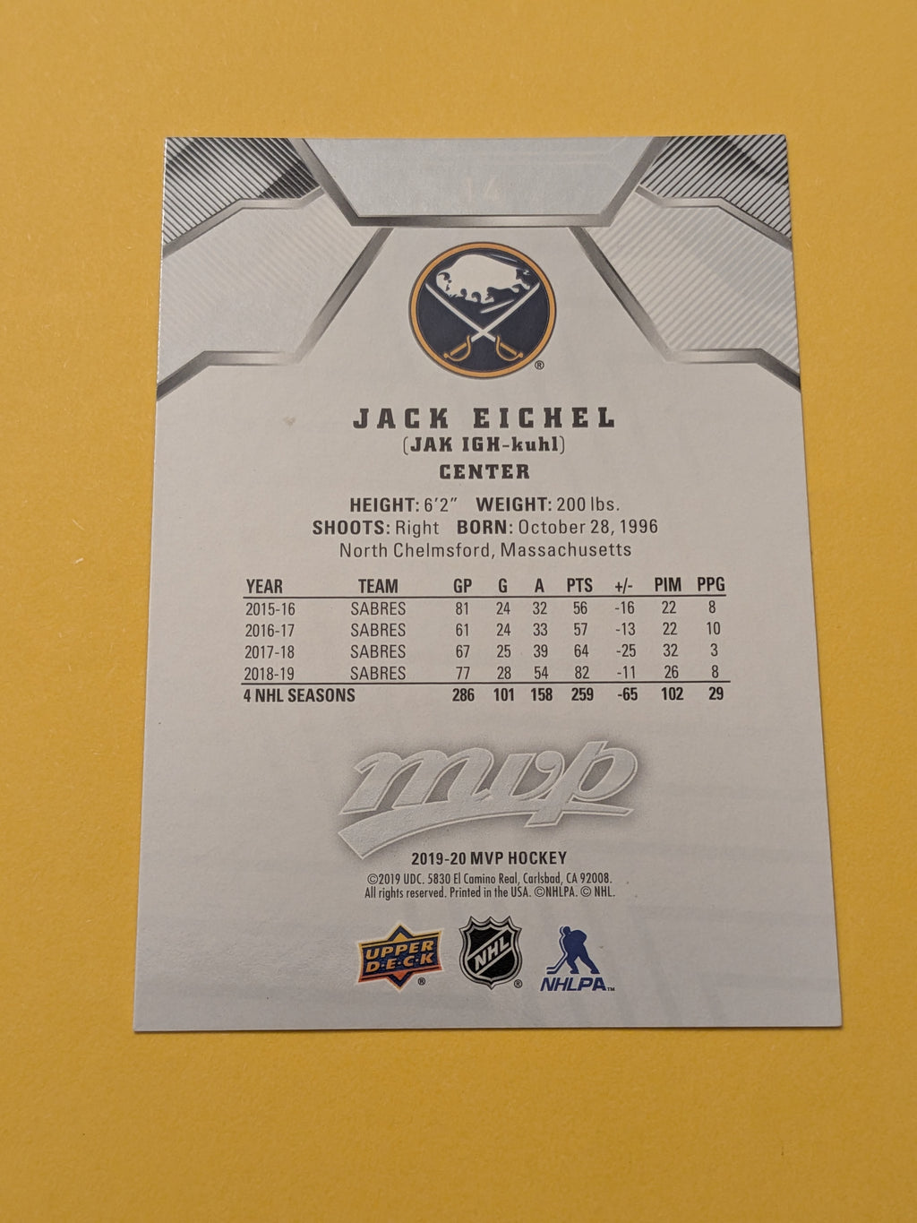 Jack Eichel 19-20 Upper Deck MVP Silver Scripts Card