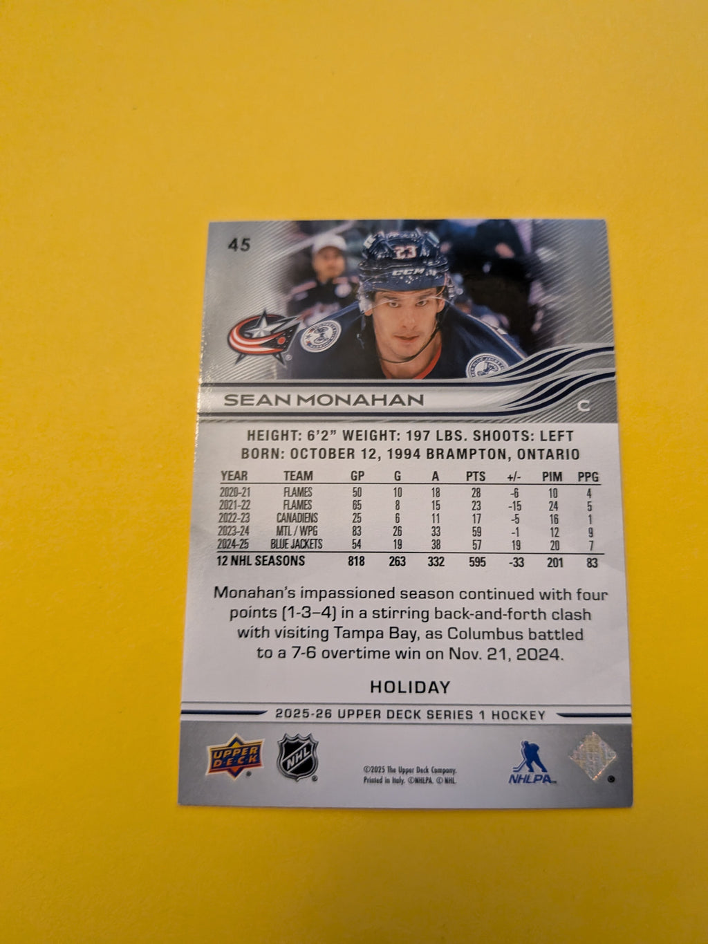 Sean Monahan 25-26 Upper Deck Green Holiday Card