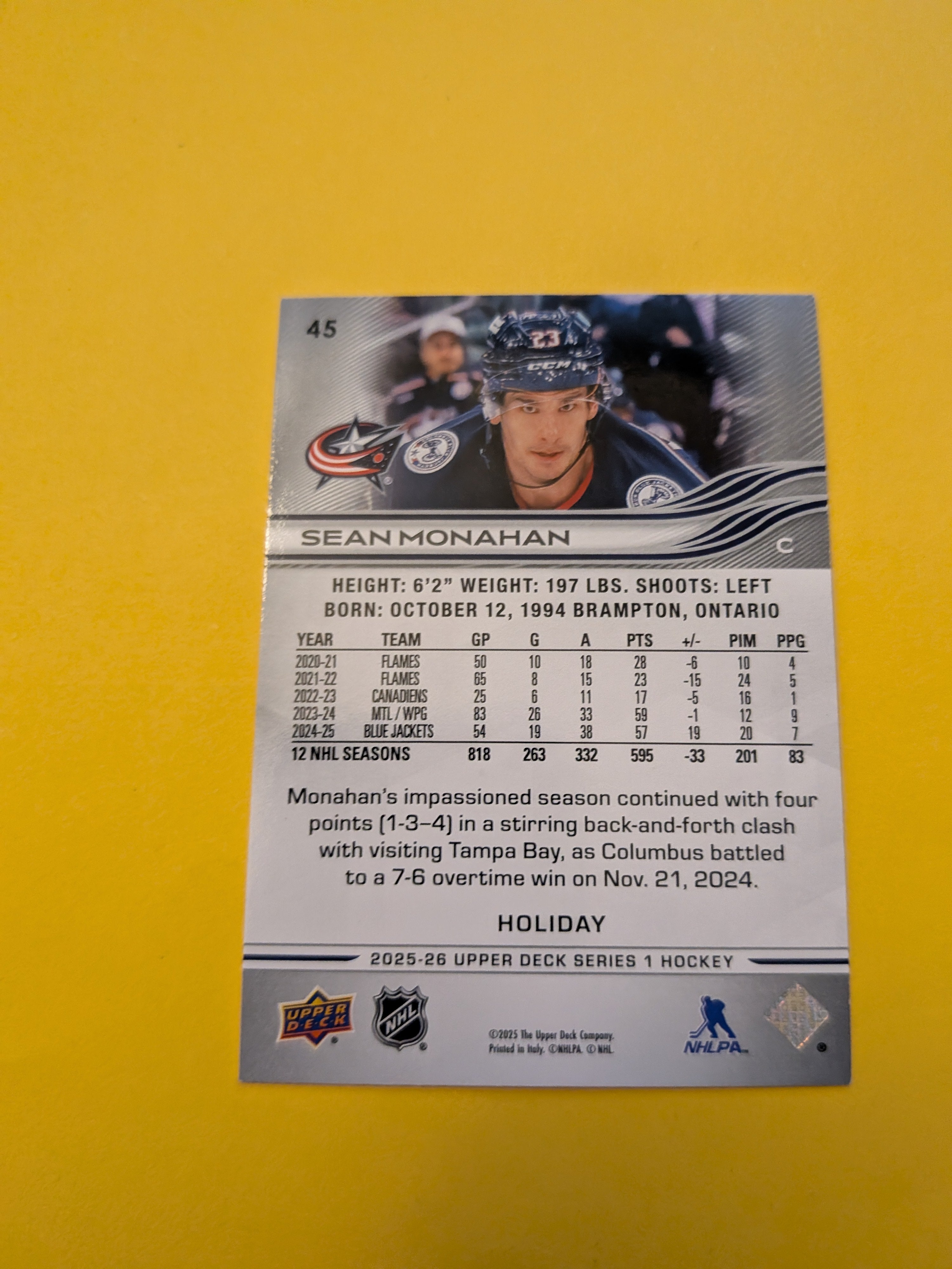 Sean Monahan 25-26 Upper Deck Green Holiday Card