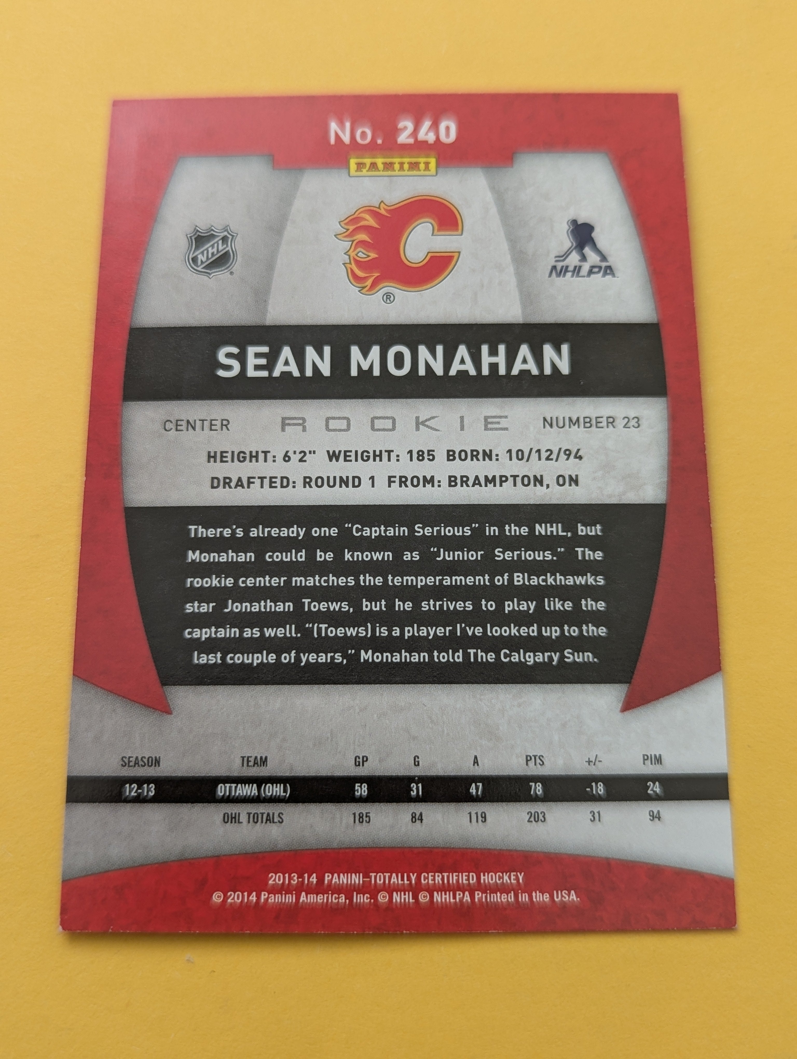 Sean Monahan 13-14 Totally Certified Rookie Card