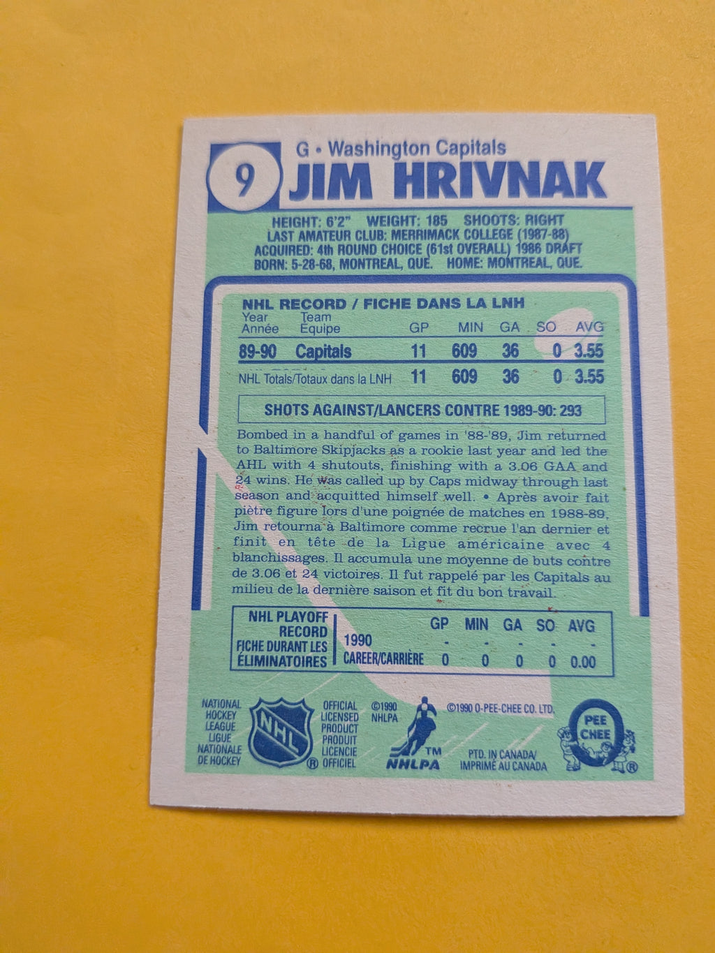 Jim Hrivnak Signed Washington Capitals Rookie Card C