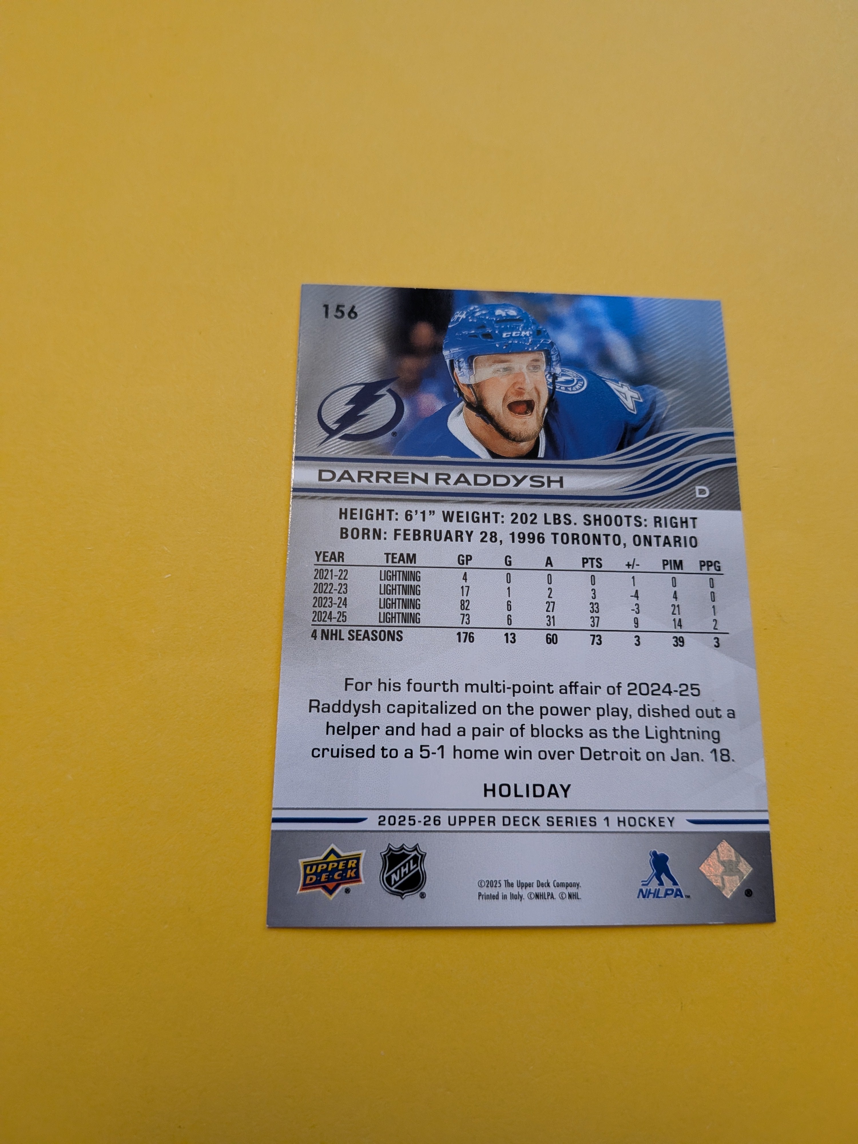 Darren Raddysh 25-26 Upper Deck Green Holiday Card