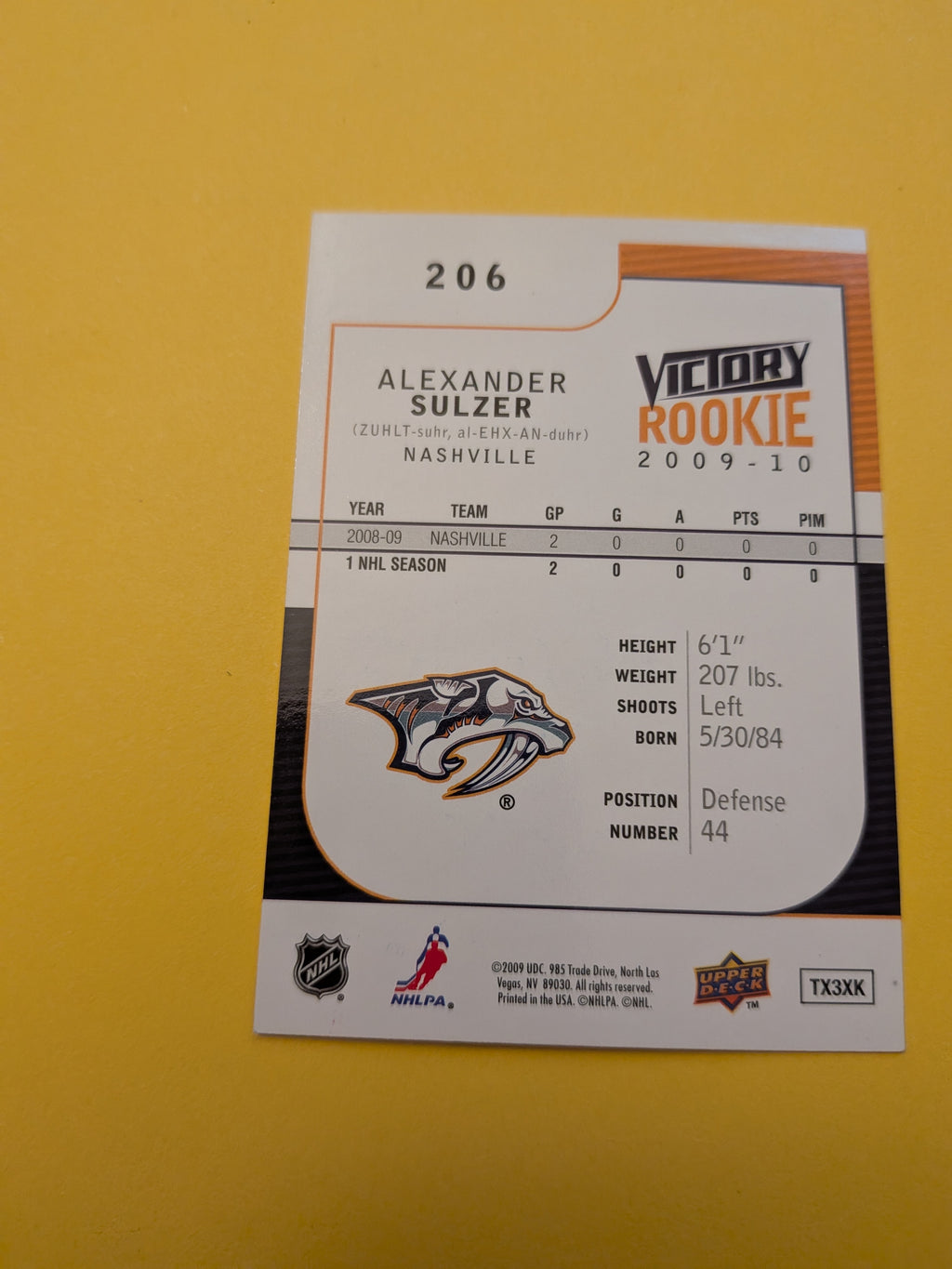 Alexander Sulzer Signed Nashville Predators Rookie Card A