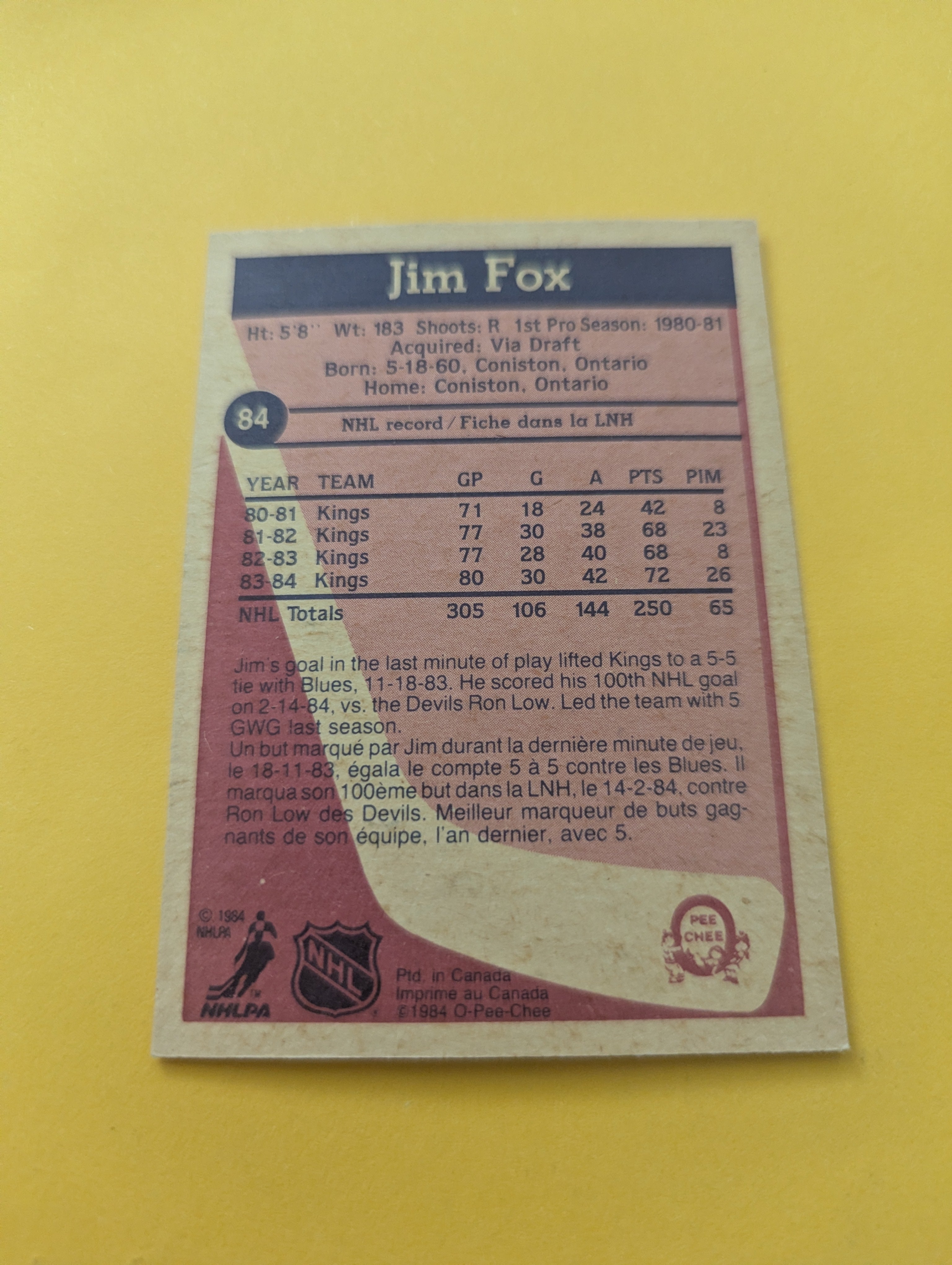Jim Fox Signed Los Angeles Kings Card