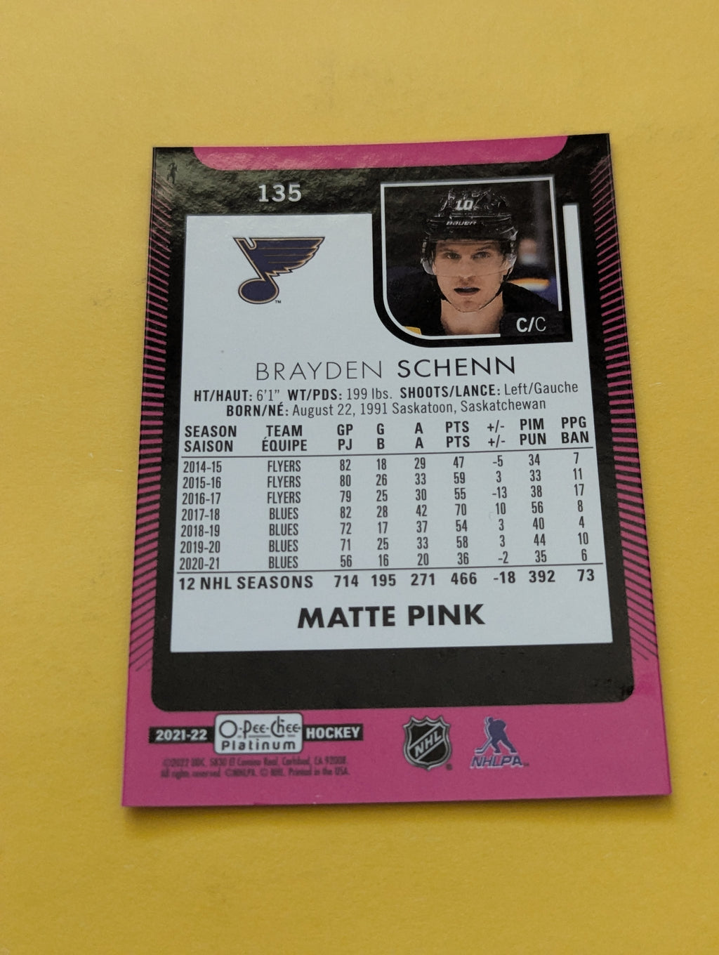 Brayden Schenn 21-22 OPC Platinum Matte Pink Card