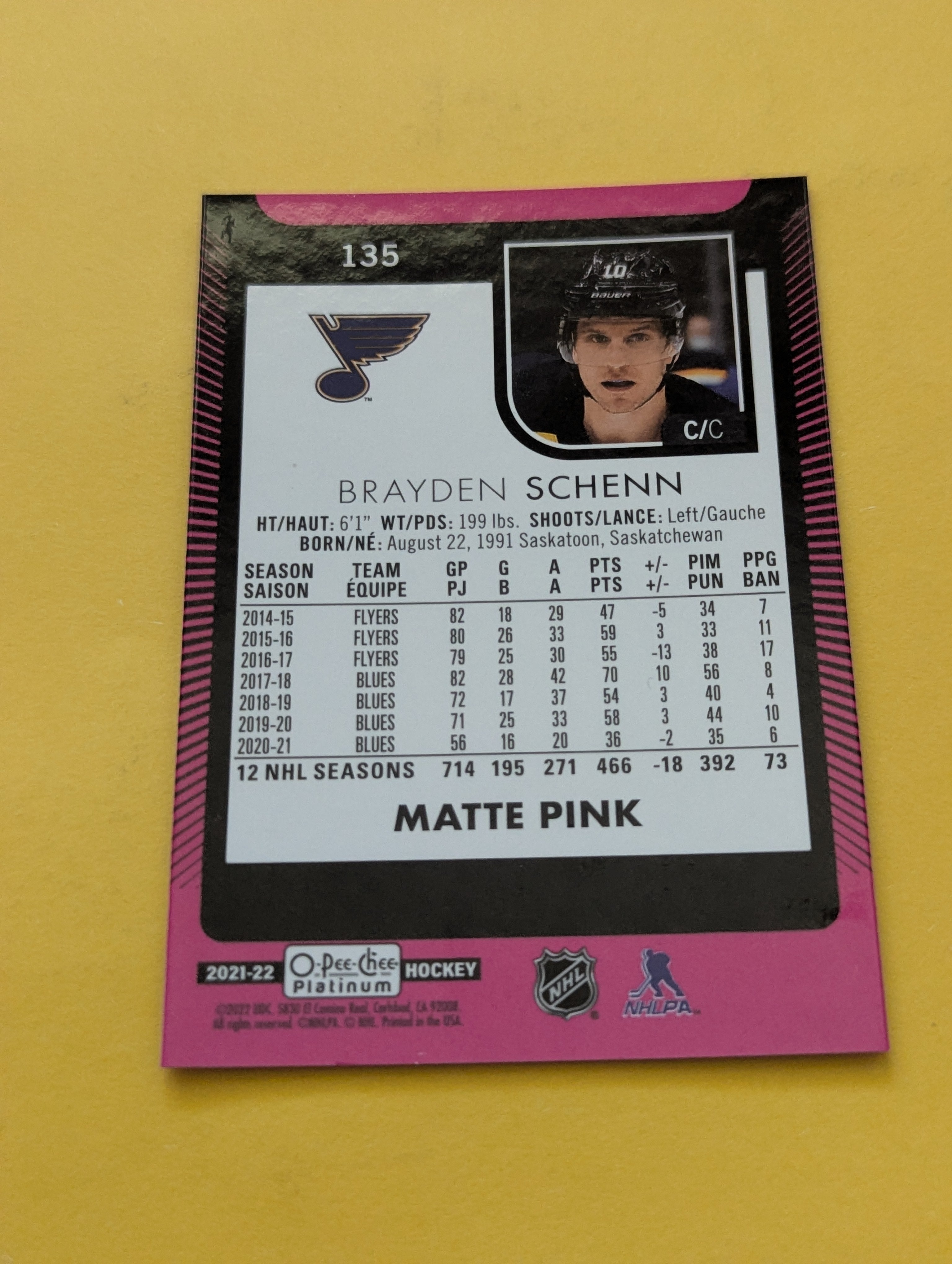Brayden Schenn 21-22 OPC Platinum Matte Pink Card