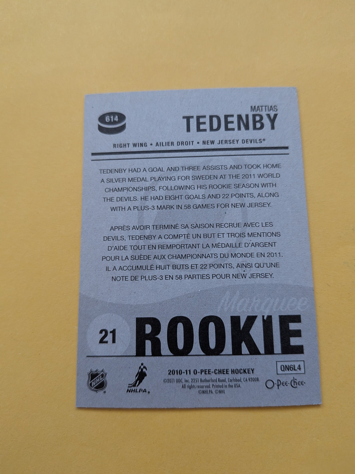 Mattias Tedenby Signed New Jersey Devils Rookie Card A