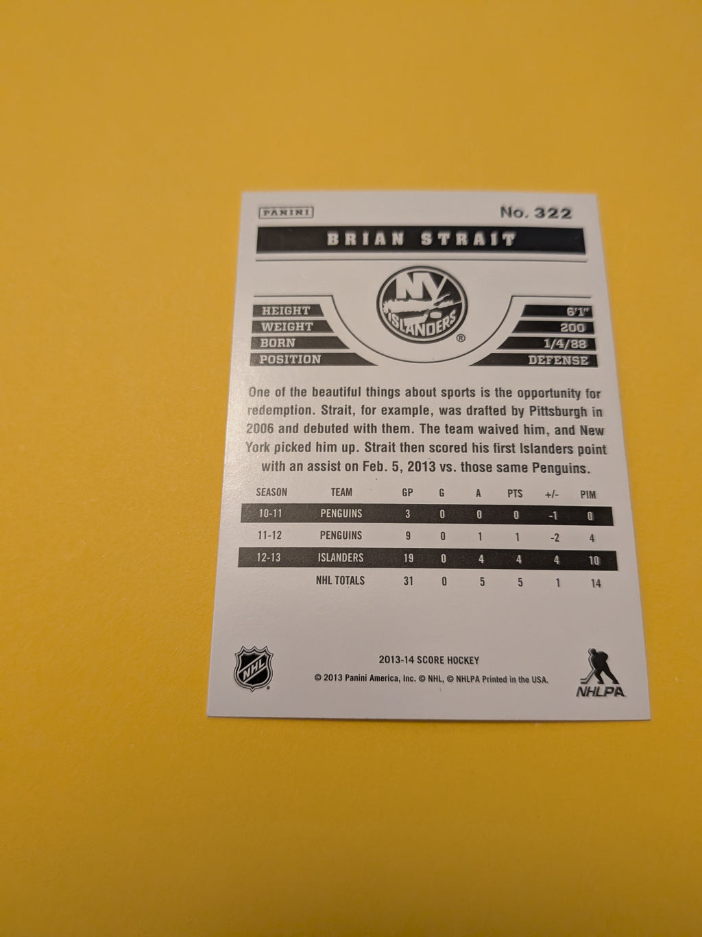 Brian Strait Signed New York Islanders Card A