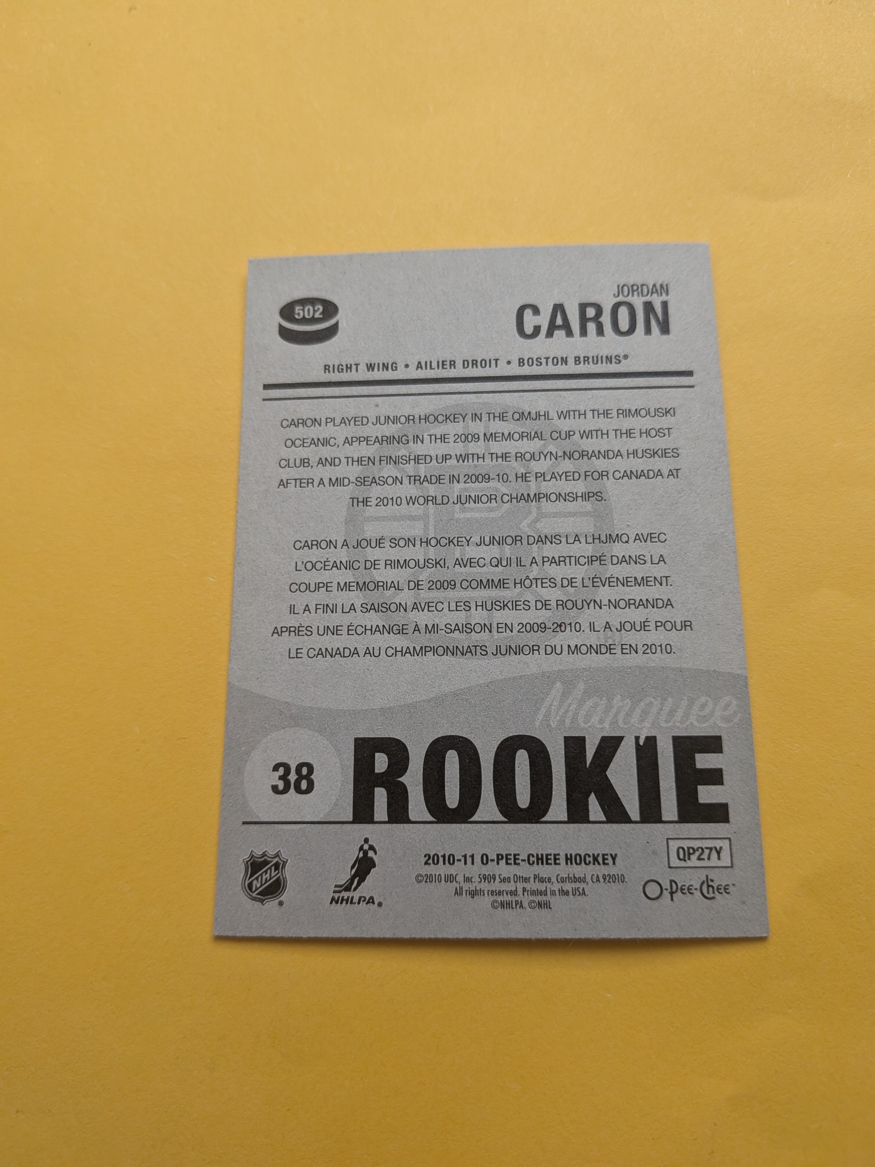 Jordan Caron Signed Boston Bruins Rookie Card A