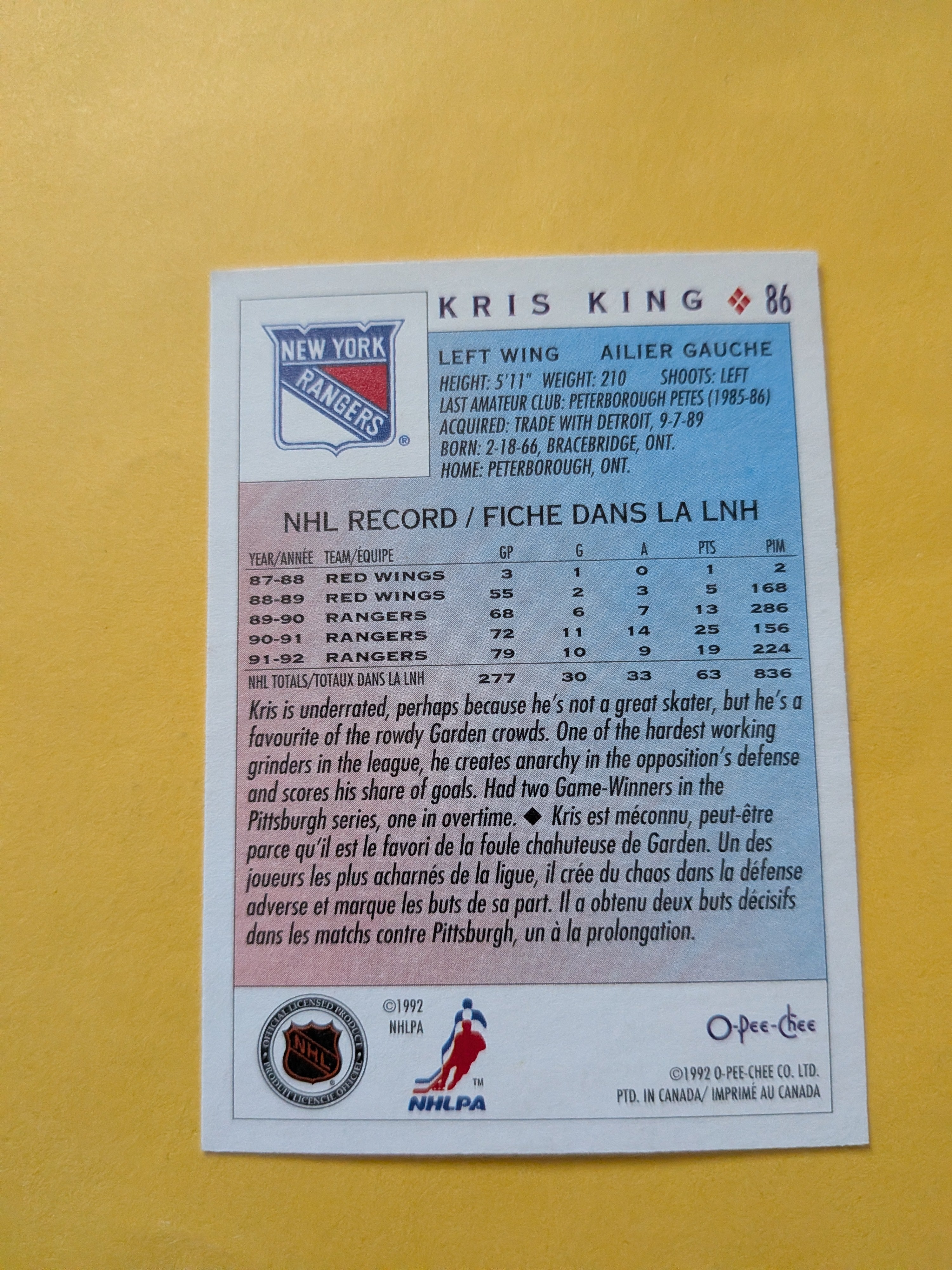 Kris King Signed New York Rangers Card A