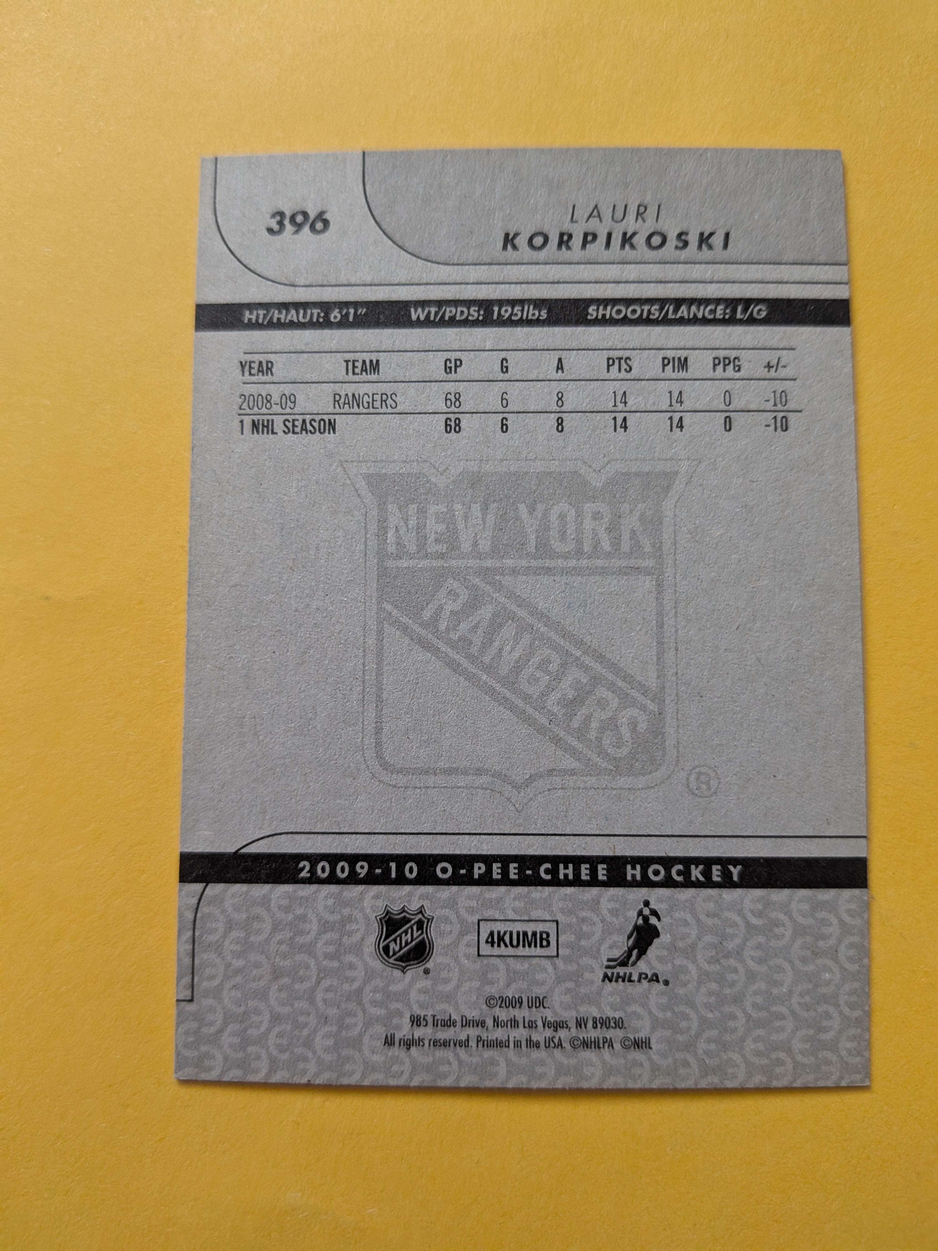 Lauri Korpikoski Signed New York Rangers Card A