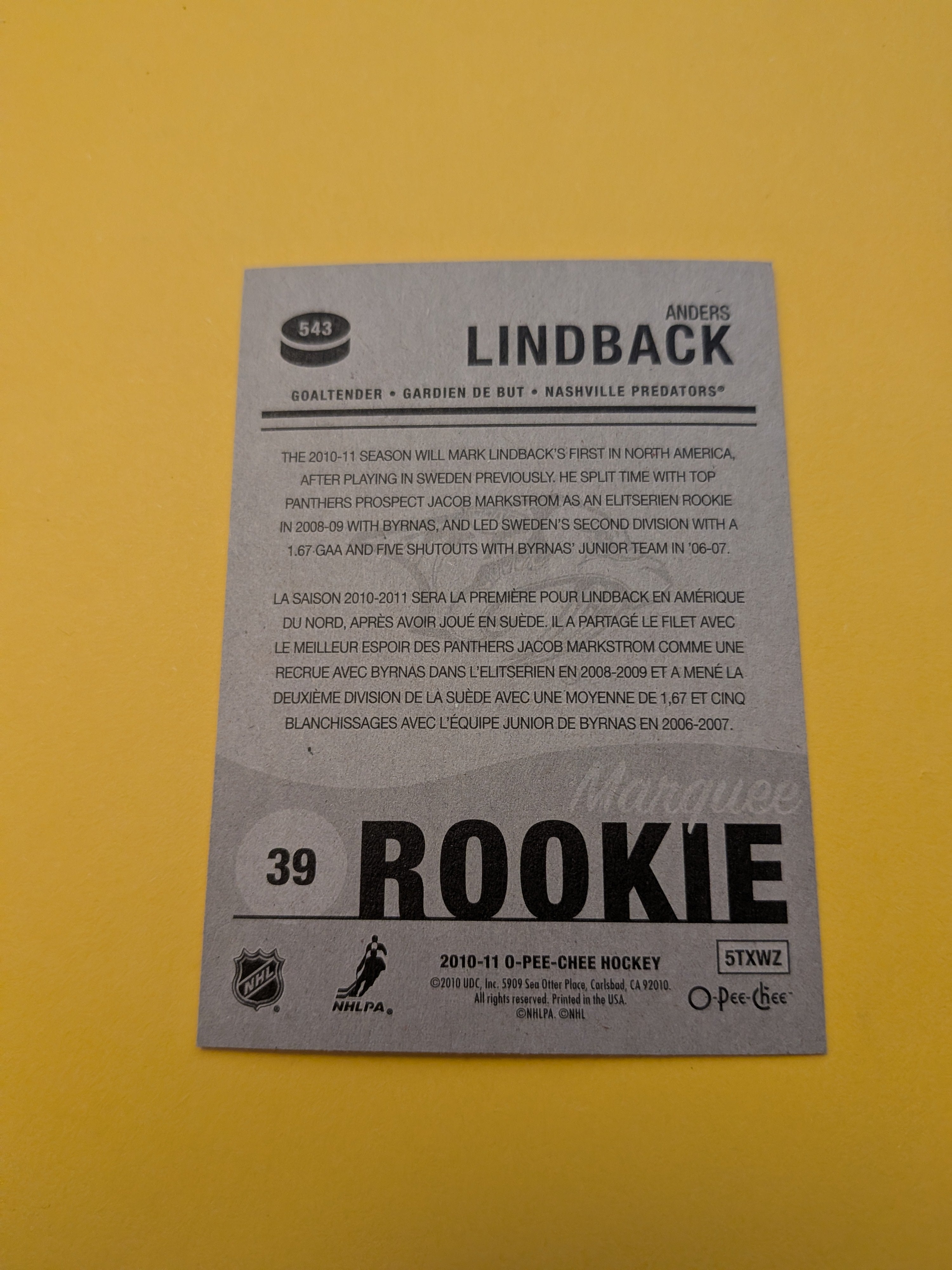Anders Lindback Signed Nashville Predators Rookie Card B