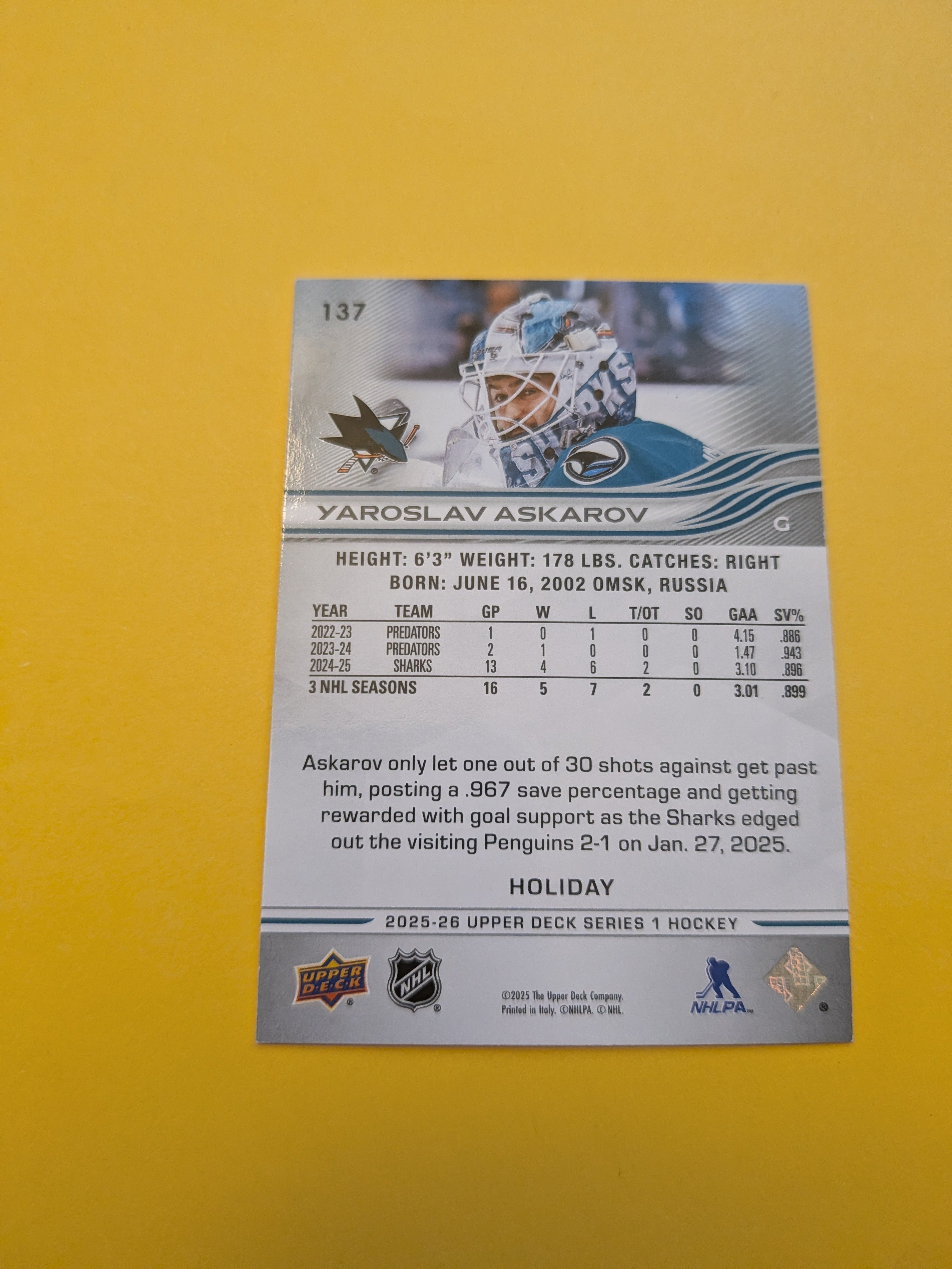 Yaroslav Askarov 25-26 Upper Deck Green Holiday Card