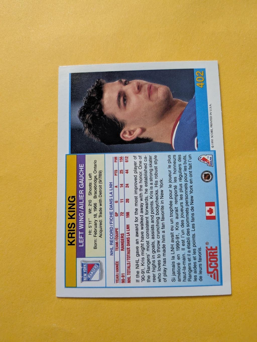 Kris King Signed New York Rangers Card G