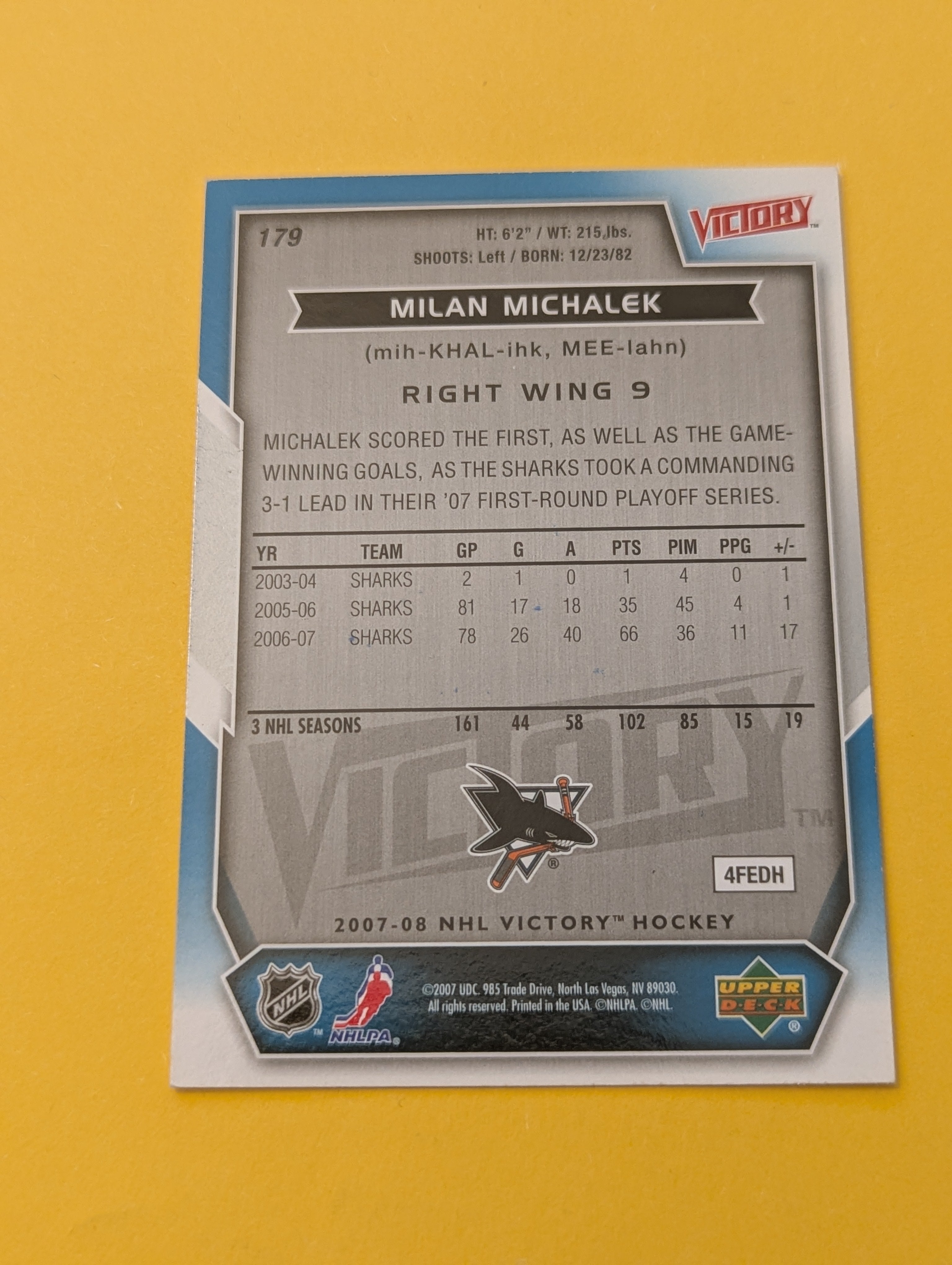 Milan Michalek Signed San Jose Sharks Card