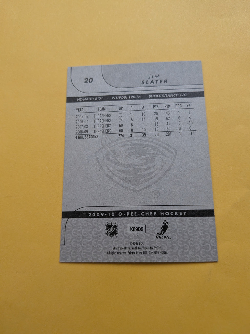 Jim Slater Signed Atlanta Thrashers Card B