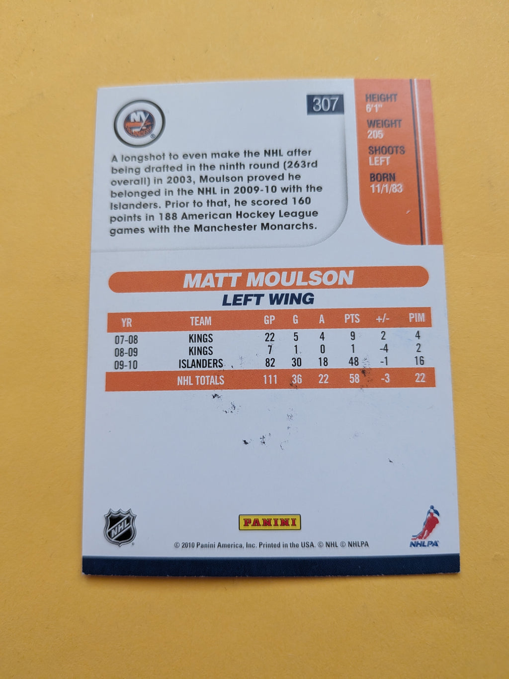 Matt Moulson Signed New York Islanders Card A
