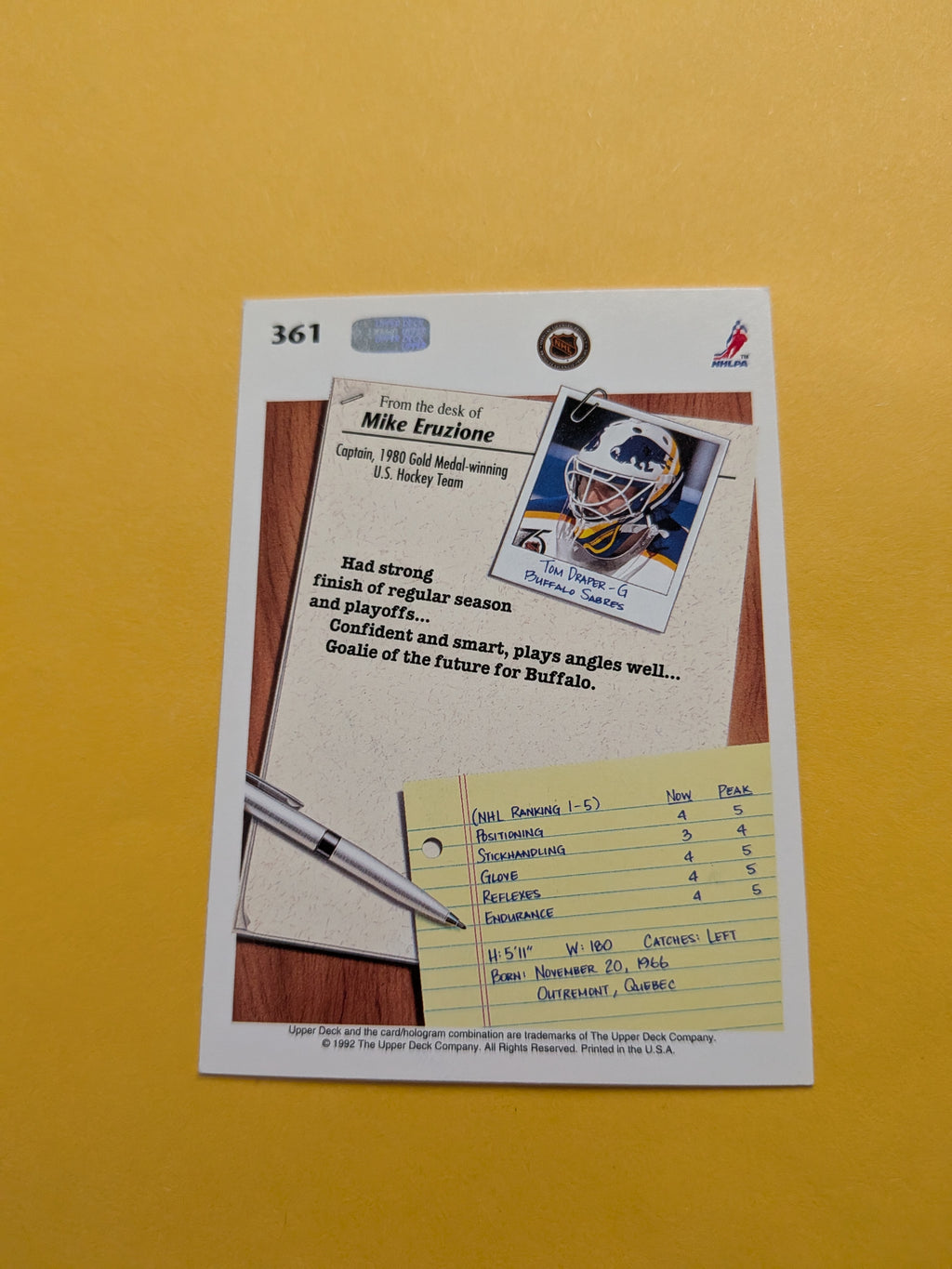 Tom Draper Signed Buffalo Sabres Card A