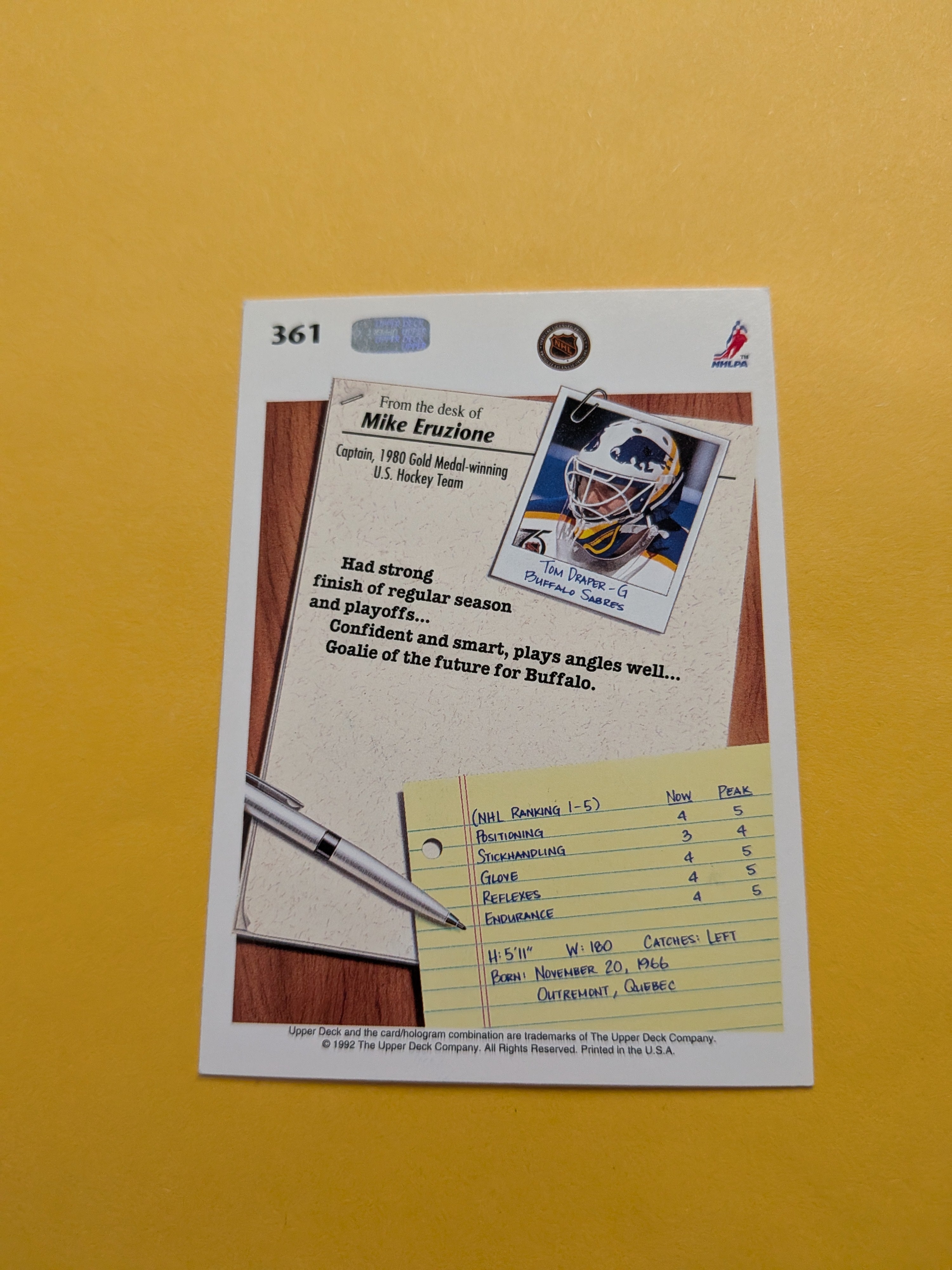 Tom Draper Signed Buffalo Sabres Card A