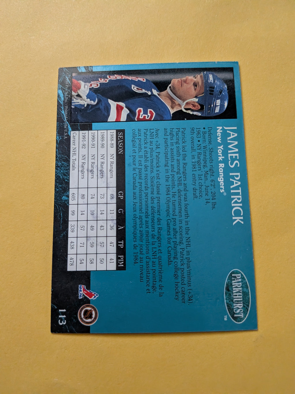 James Patrick Signed New York Rangers Card B