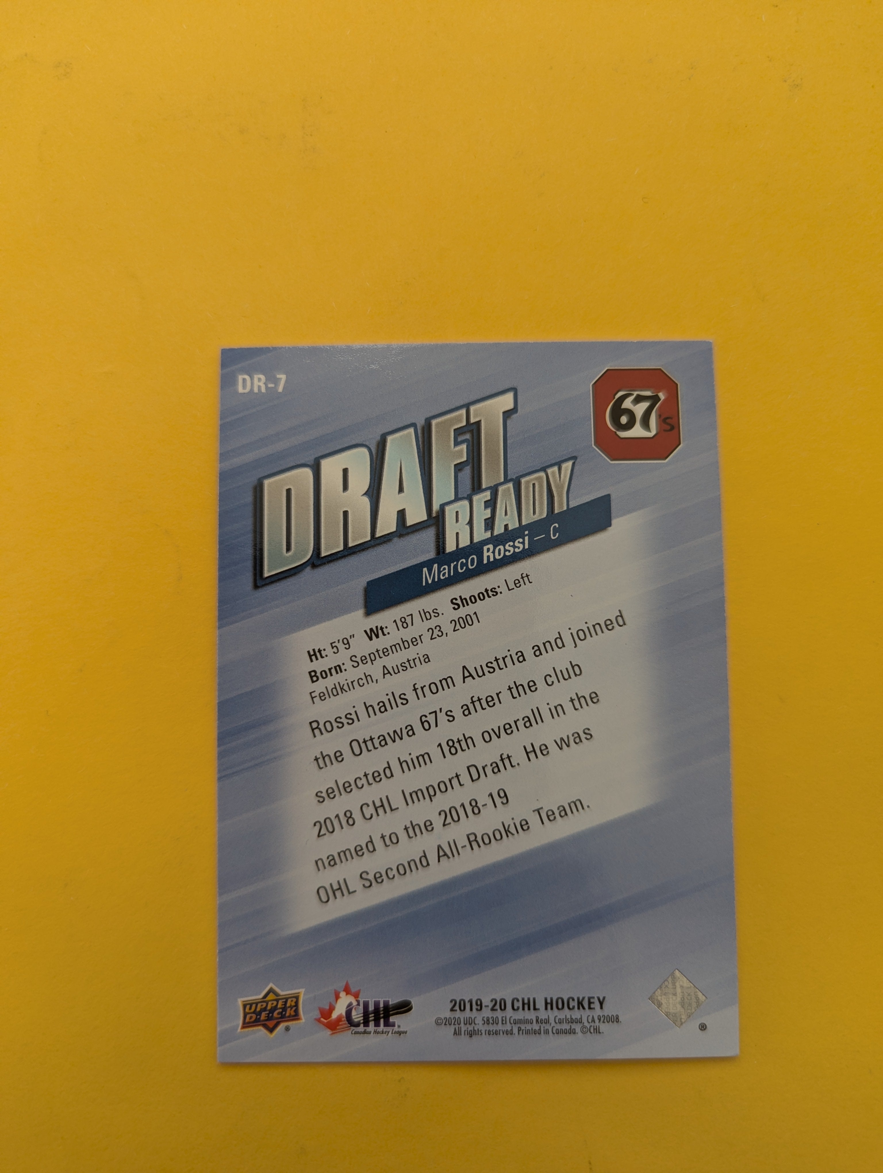 Marco Rossi 19-20 Upper Deck CHL Draft Ready Card